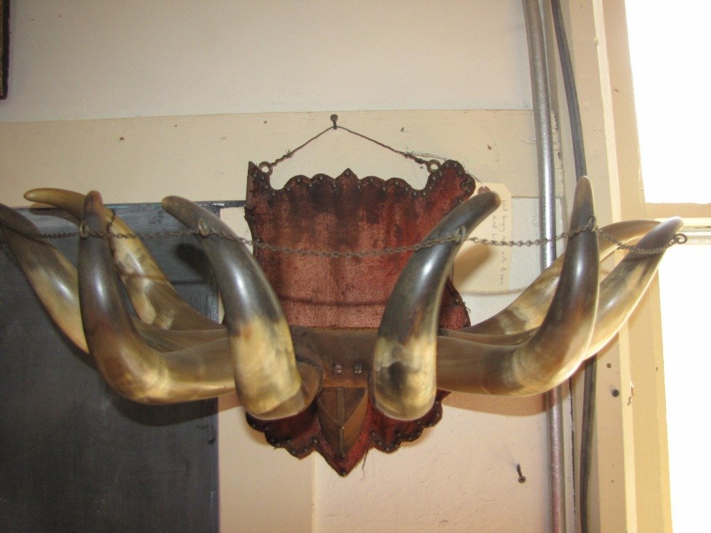 8 REAL HORN WALL COAT / HAT RACK WITH SHIELD 5014: Original hall rack of eight real horns with shield motif back in aged red velvet on wood with worn areas giving it more character, with brass chain connecting the horns on top, a great piece! C.1900.