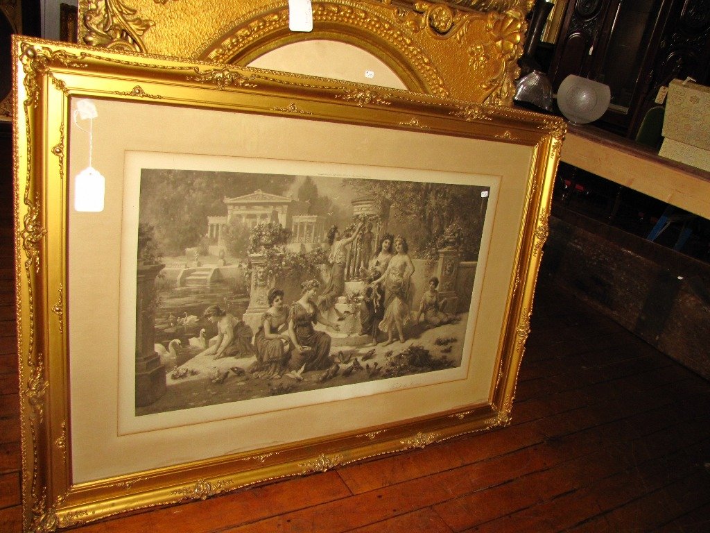 OVERSIZE FEAST TO VENUS ORNATE GILT FRAMED PRINT 5L: Oversized highly ornate Victorian print entitled "Feast to Venus" of maidens with swand and birds in garden, original painting by Eoberhauser, copyright 1907 by Louis Wolff & Co. Ltd. C.1907. 32"H x 4