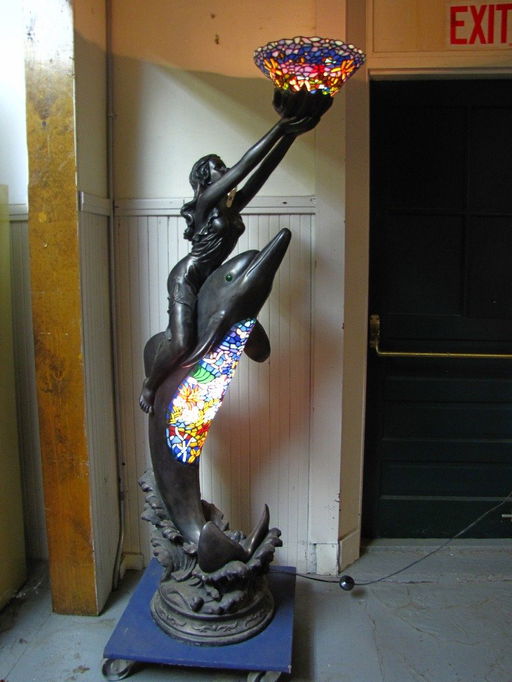 125 Fl Lamp Of Dolphin W Stained Glass Belly Lady 5106