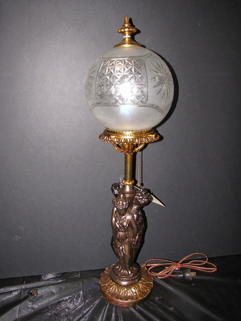 FANTASTIC 2 TONE CST BRONZE 3 GRACE LADY LAMP 4871: Fantastic two tone cast bronze standing three grace table lamp with gorgeous ball shade with decorative finial top.C.1910. Cast Bronze. 28"H x 8"Dia