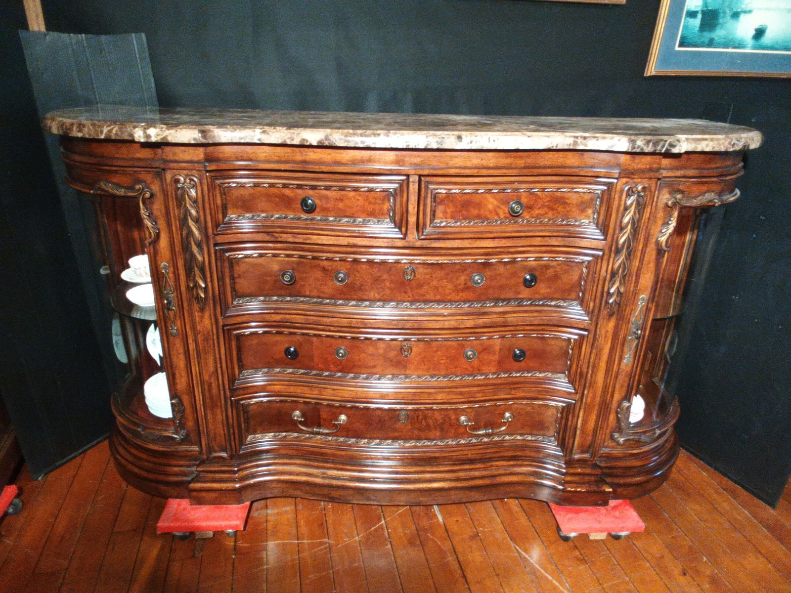 Nice Modern thick marble top sideboard w/ bent Beveled glass lighted end displays (1 of 10)