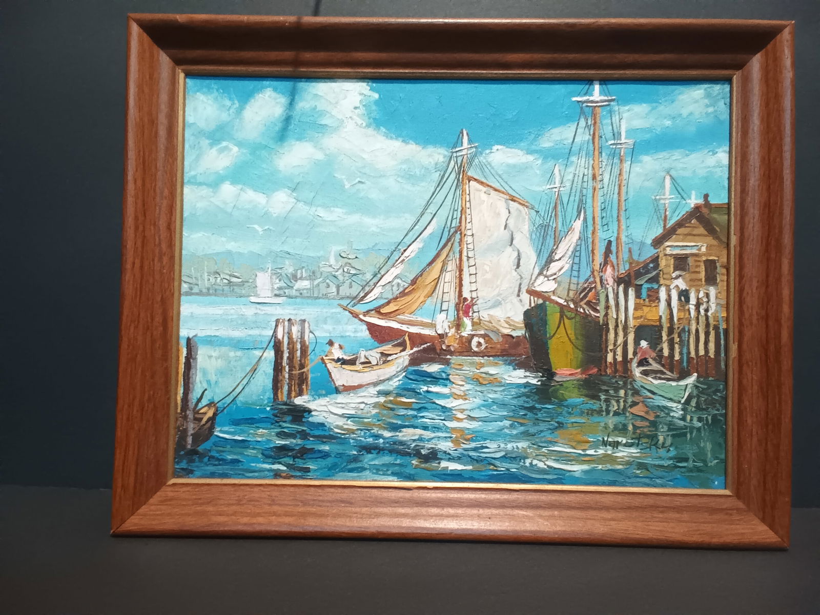Vintage oil on canvas harbor seascape painting signed Narotsky? Sailboats at dock, men in row boats (1 of 5)