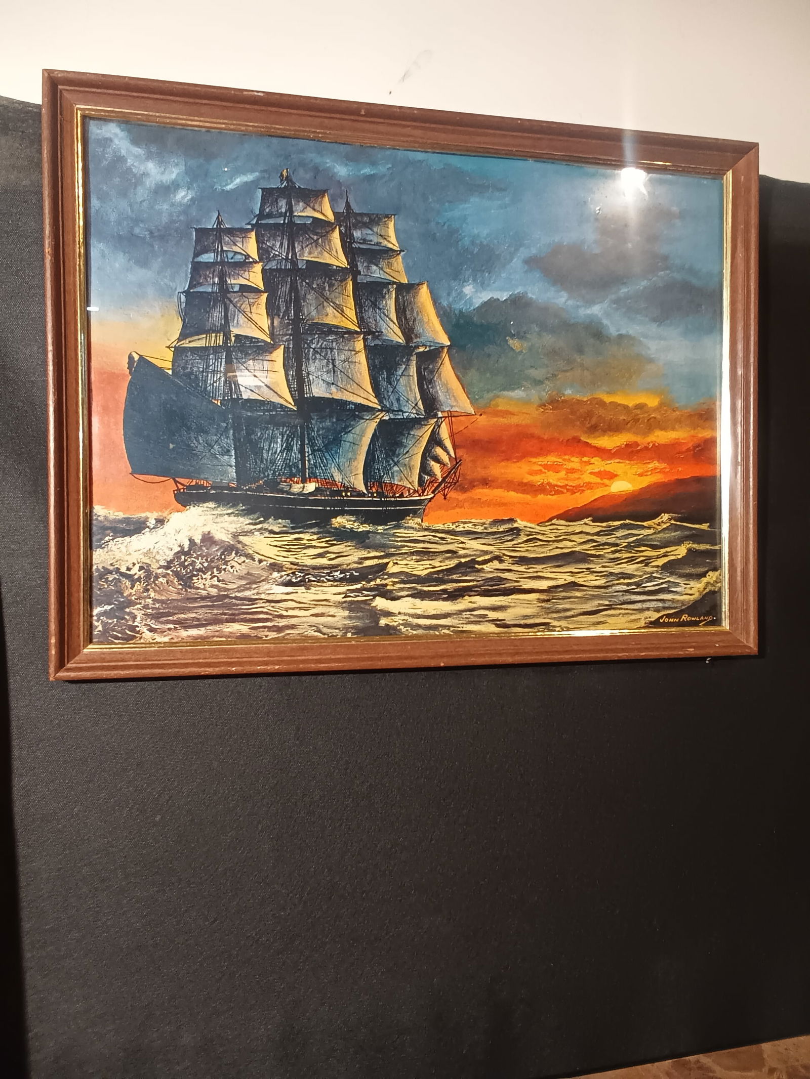 Vintage colorful framed seascape print of ship by John Rowland 26" x 20" (1 of 4)