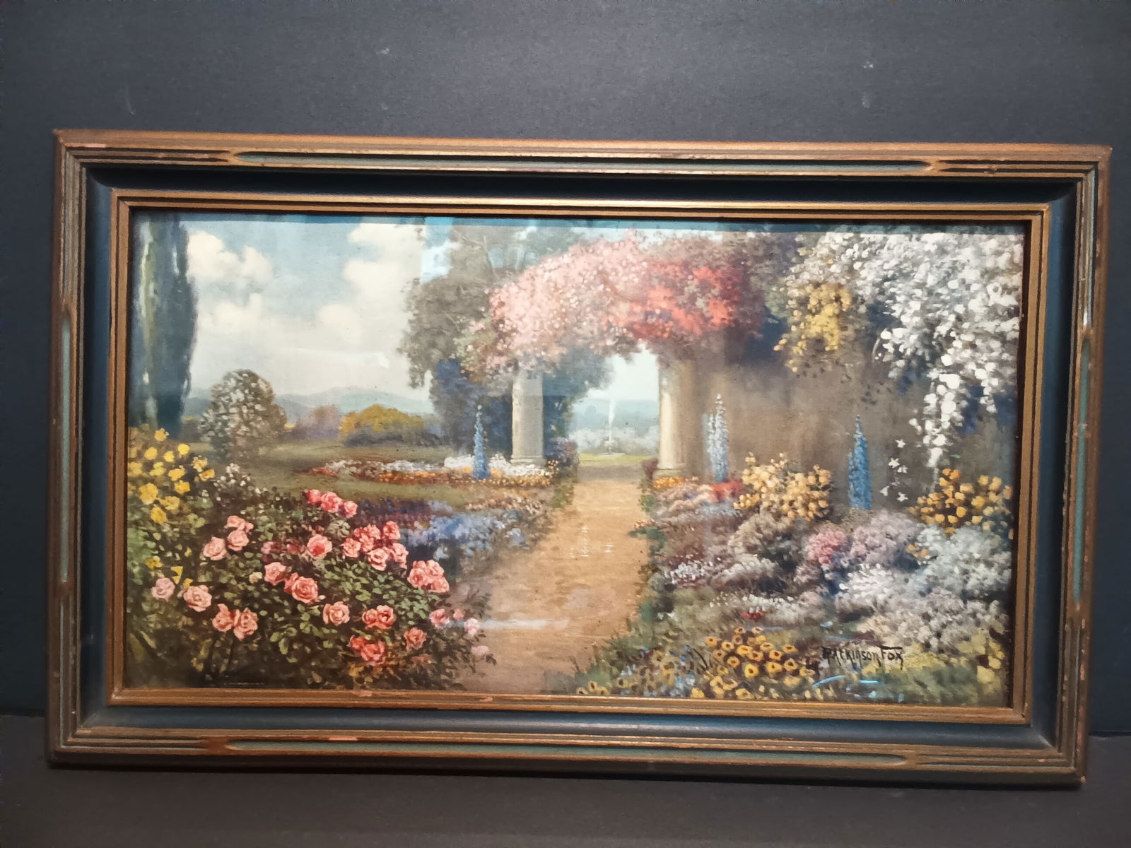 Vintage Art Deco R. Atkinson Fox print flowers with pergola 20 1/2" x 12 1/2" (1 of 6)