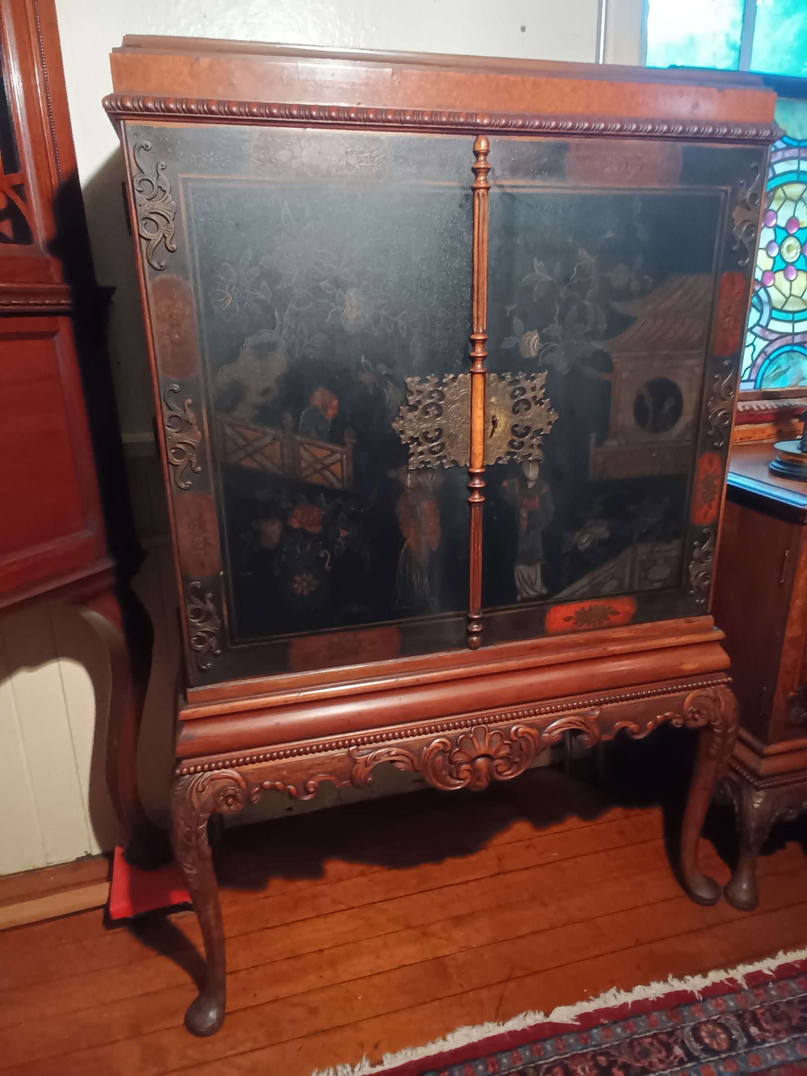 Berkey & Gay Walnut closed china cabinet w/ painted oriental scene, Elm & Maple Burled The Belmore (1 of 10)