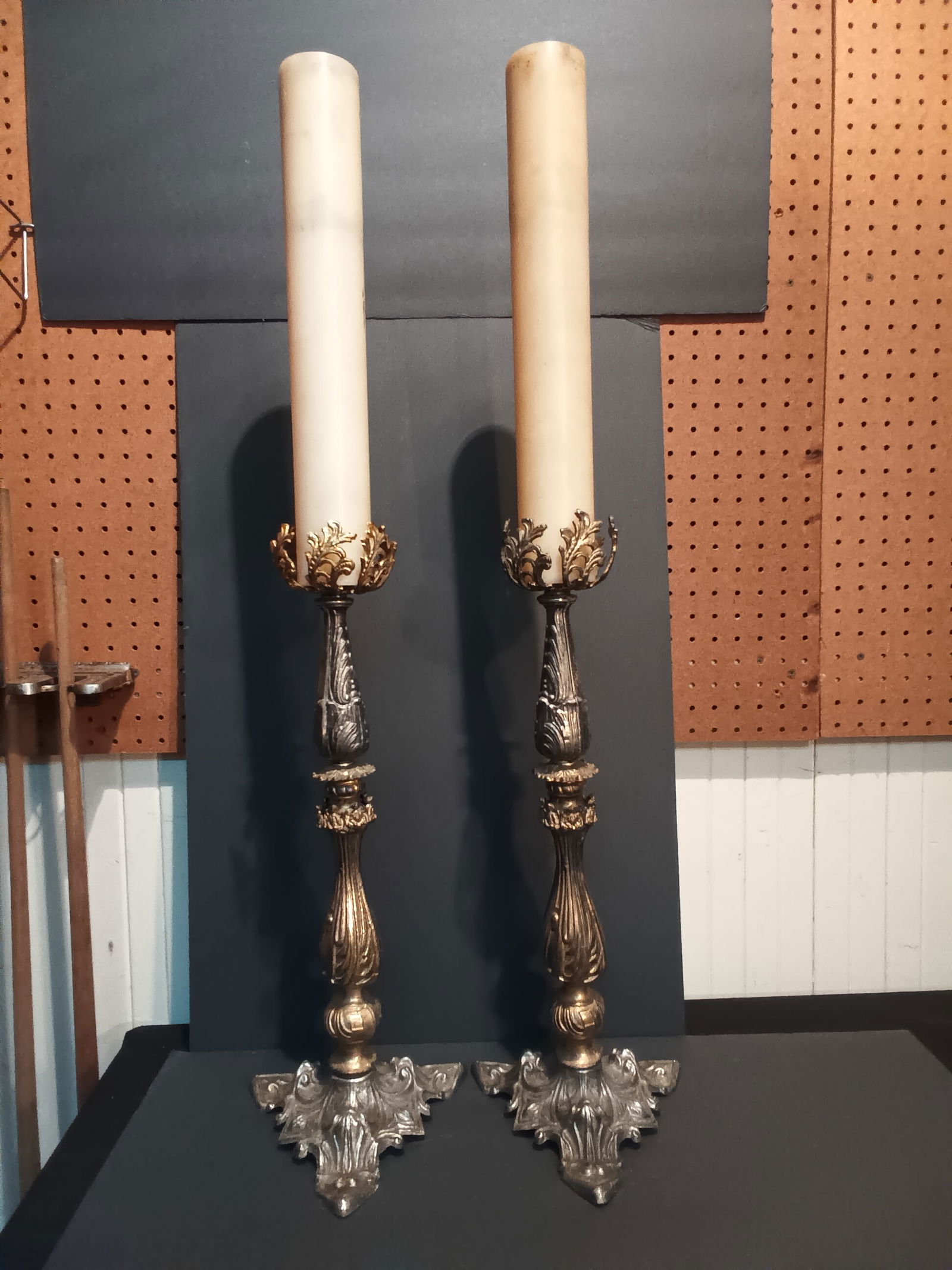 Pair of tall vintage metal Acanthus leaf candle sticks for thick 2" dia. candles 35 1/4" tall (1 of 7)