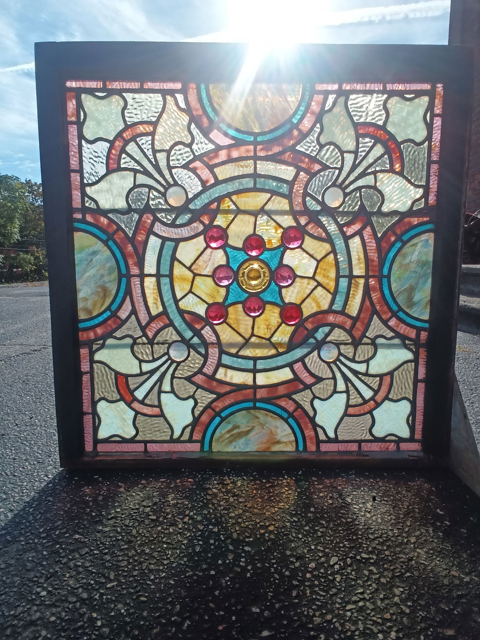 Stunning Antique Victorian Drapery Ripple Stained glass window w/ Jewels 29 1/2" x 29 3/4" (1 of 13)
