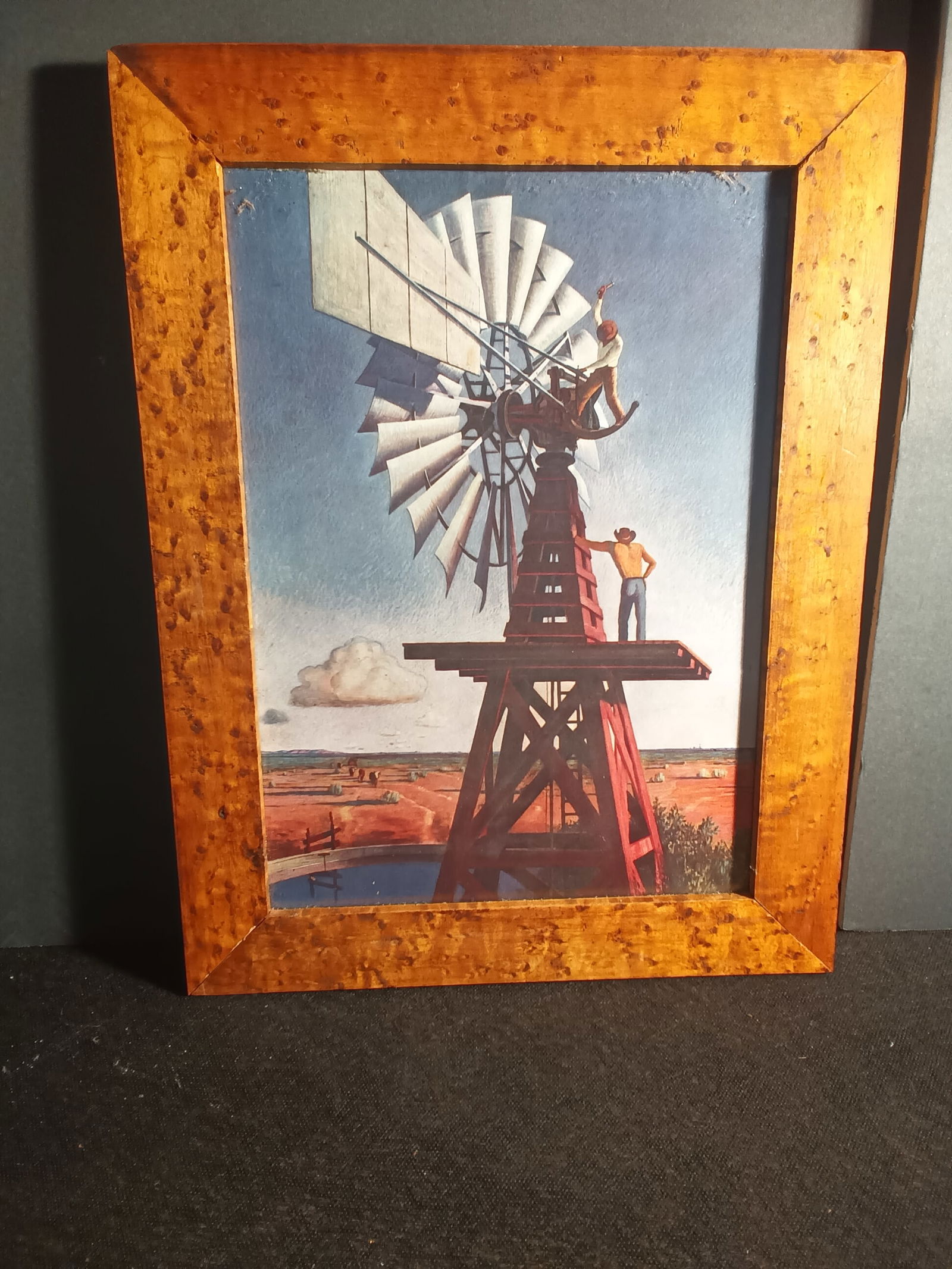 Vintage western Cowboys print "The windmill crew" by Peter Hurd in Burled frame 16" x 12": Vintage western Cowboys print "The windmill crew" by Peter Hurd in Burled frame. Circa 1900, precise measurements are 16 3/4" x 12 5/8". Please help me get to 500 followers so I may be able to send o