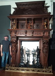 Huge Antique walnut Fire mantel caryatid supports, crowed dragon center, winged ladies etc.