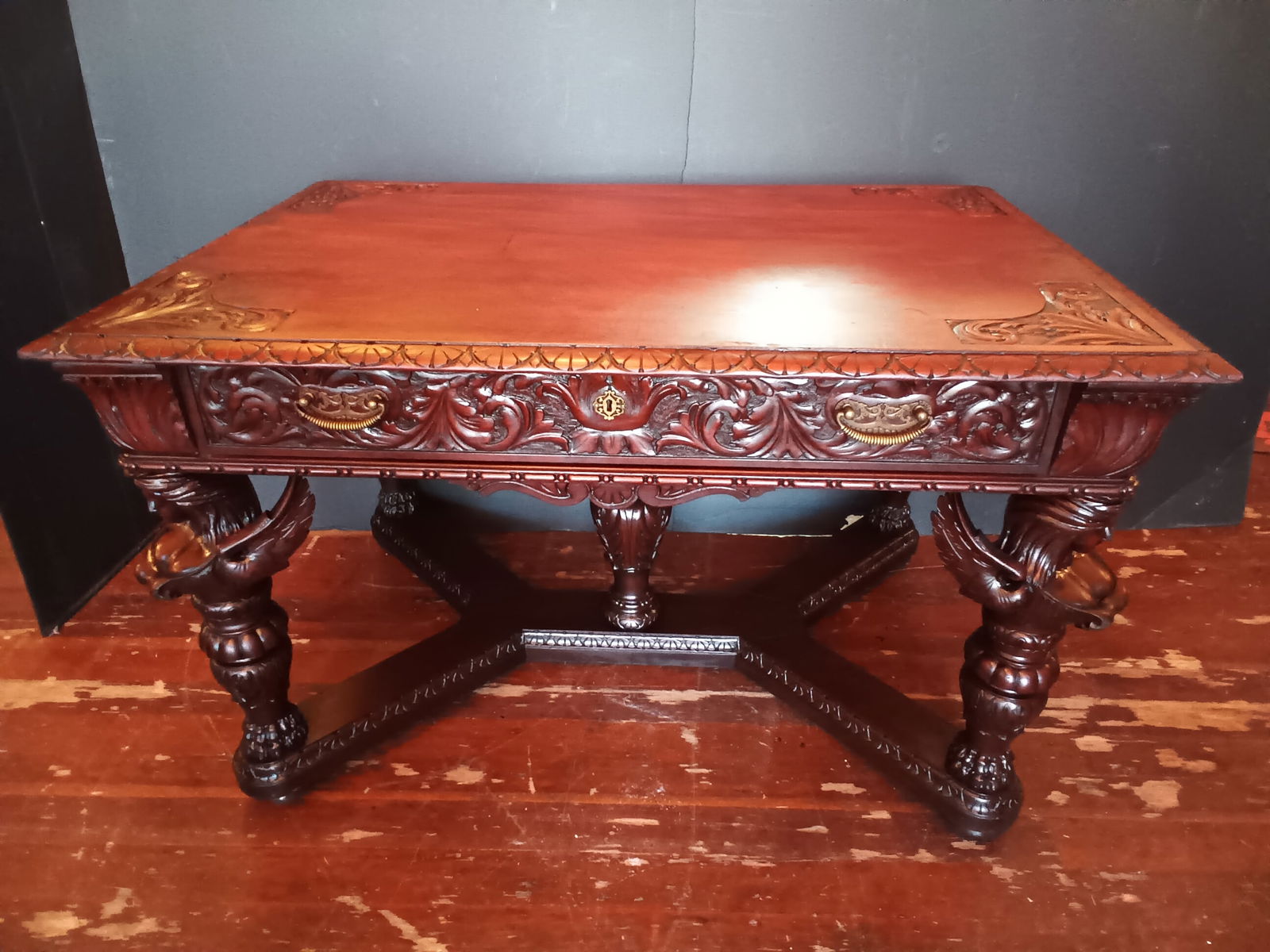 Victorian Carved Mahogany Single Drawer Library Table W/ Winged Large