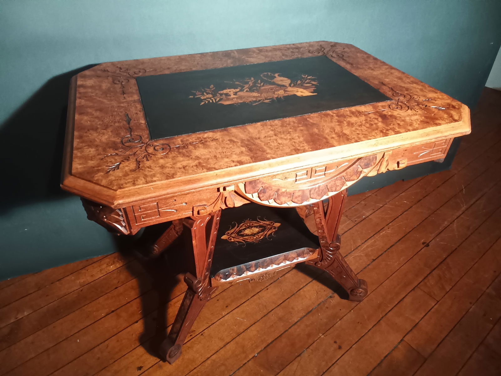 Inlaid & incised carved walnut & Burled Aesthetic Victorian Center table, Attrib. Daniel Pabst (1 of 19)