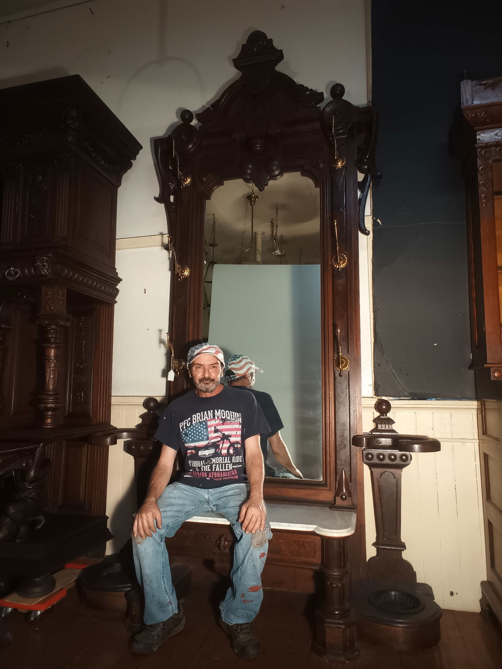 Great Large Victorian Hall Tree / Pier Mirror With Marble Bench, Bronze