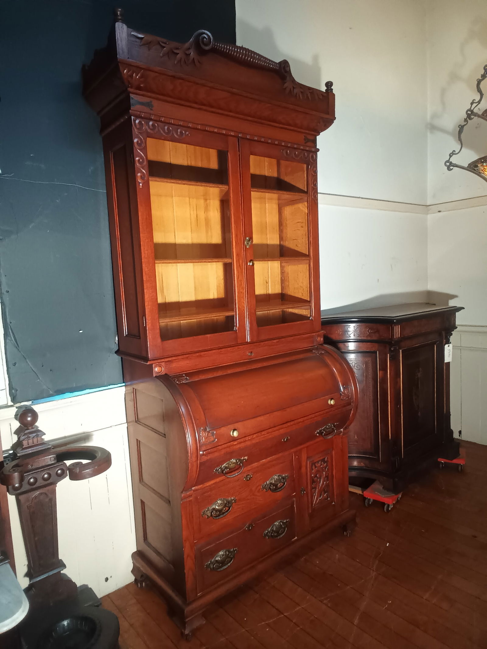 Victorian Art Nouveau secretary top cylinder desk 3 drawer single door file, multi compartment desk (1 of 12)