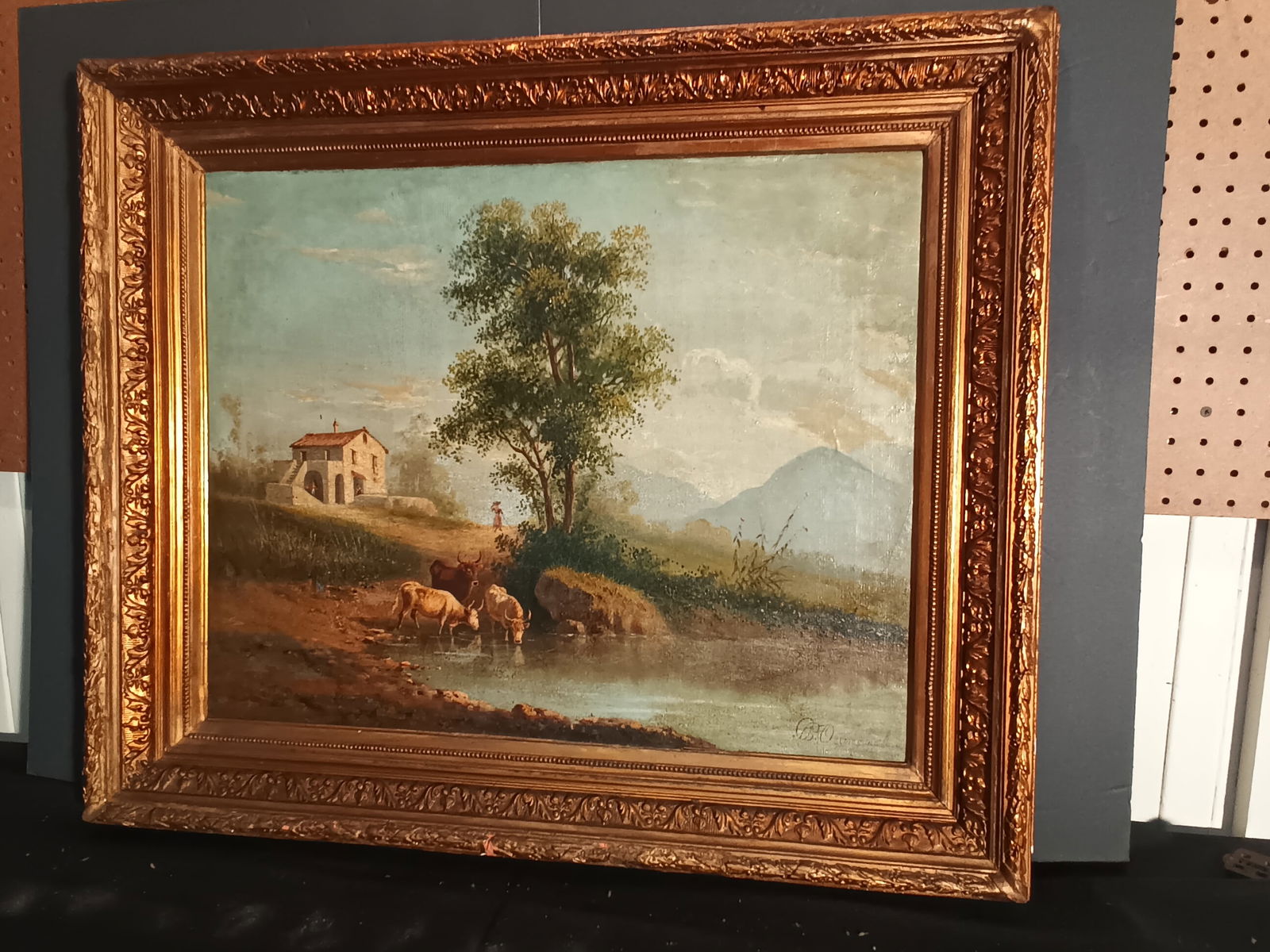 Early framed oil on canvas of cattle at watering hole, signed BP Ommeganck (1755-1826) (1 of 11)