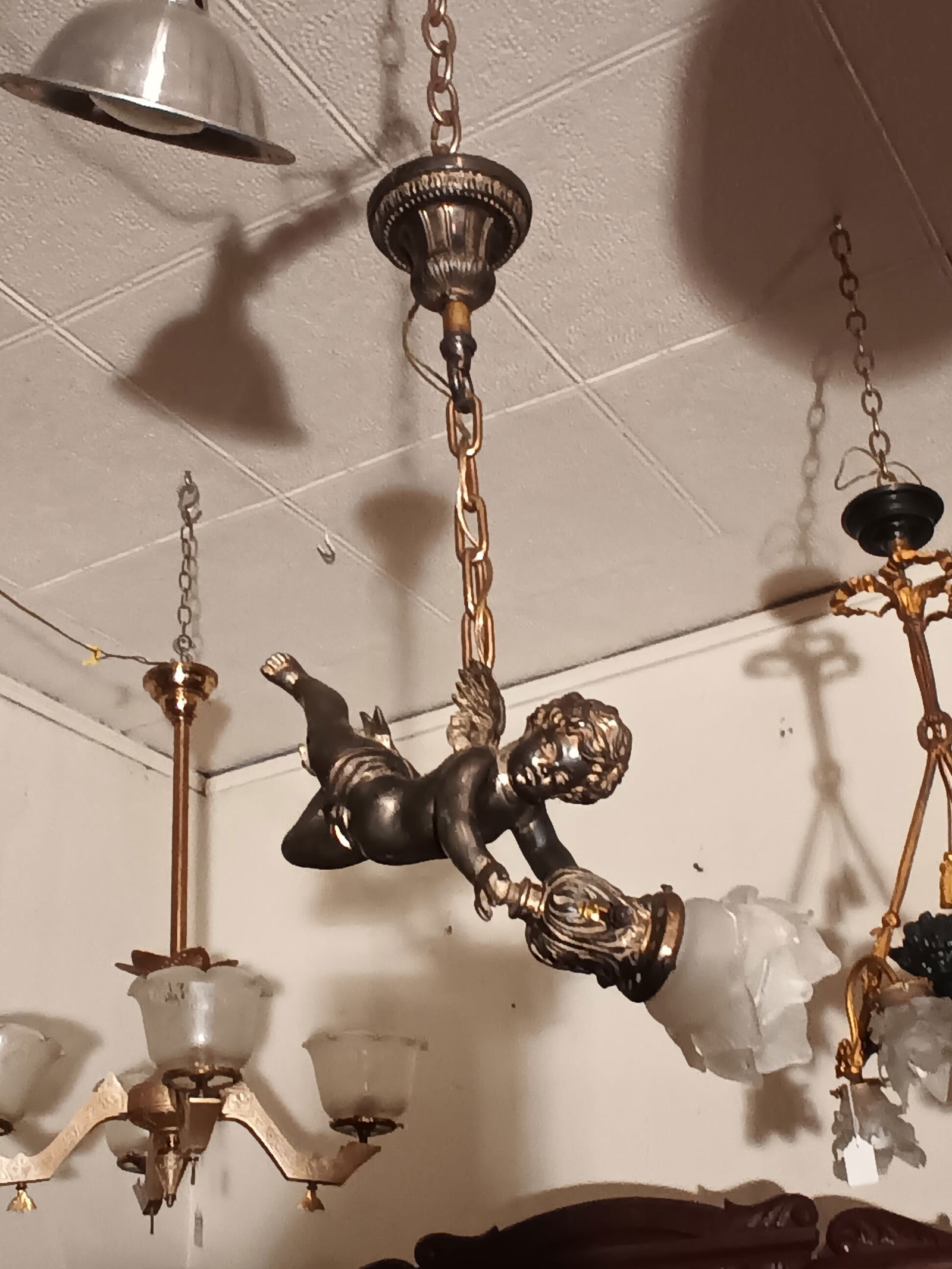 Adorable winged Cupid single bulb light fixture cast spelter two-tone gold and silver (1 of 4)