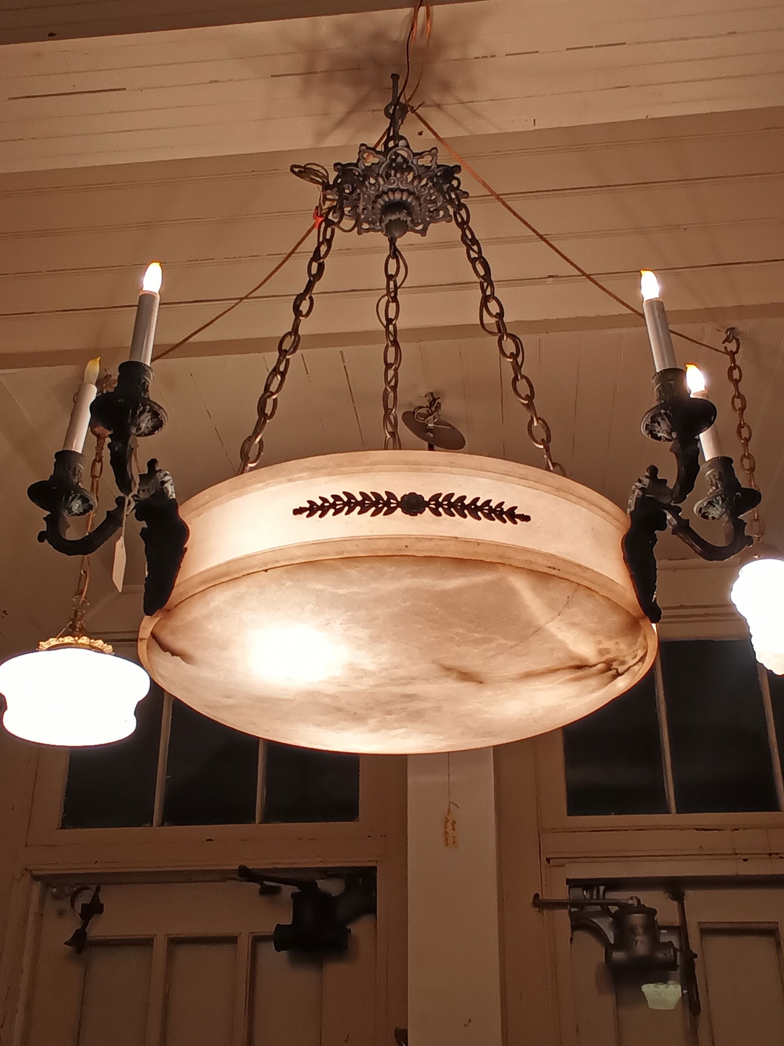 Large empire style chandelier with 6 shield back bronze arms & alabaster dome 36" diameter (1 of 4)