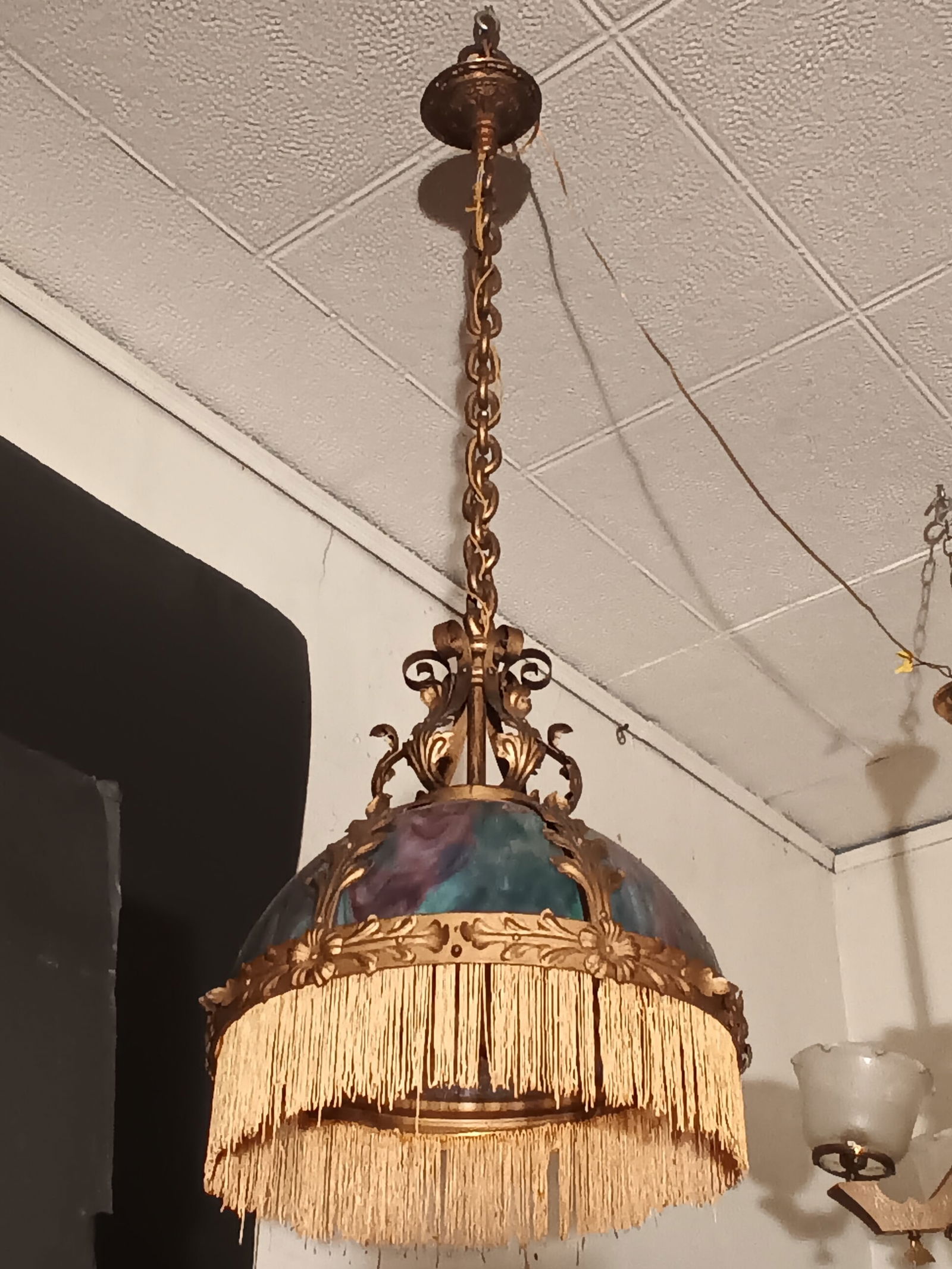 Antique Gothic Castle style bent panel stained glass chandelier w/ acanthus leaf iron decor (1 of 5)