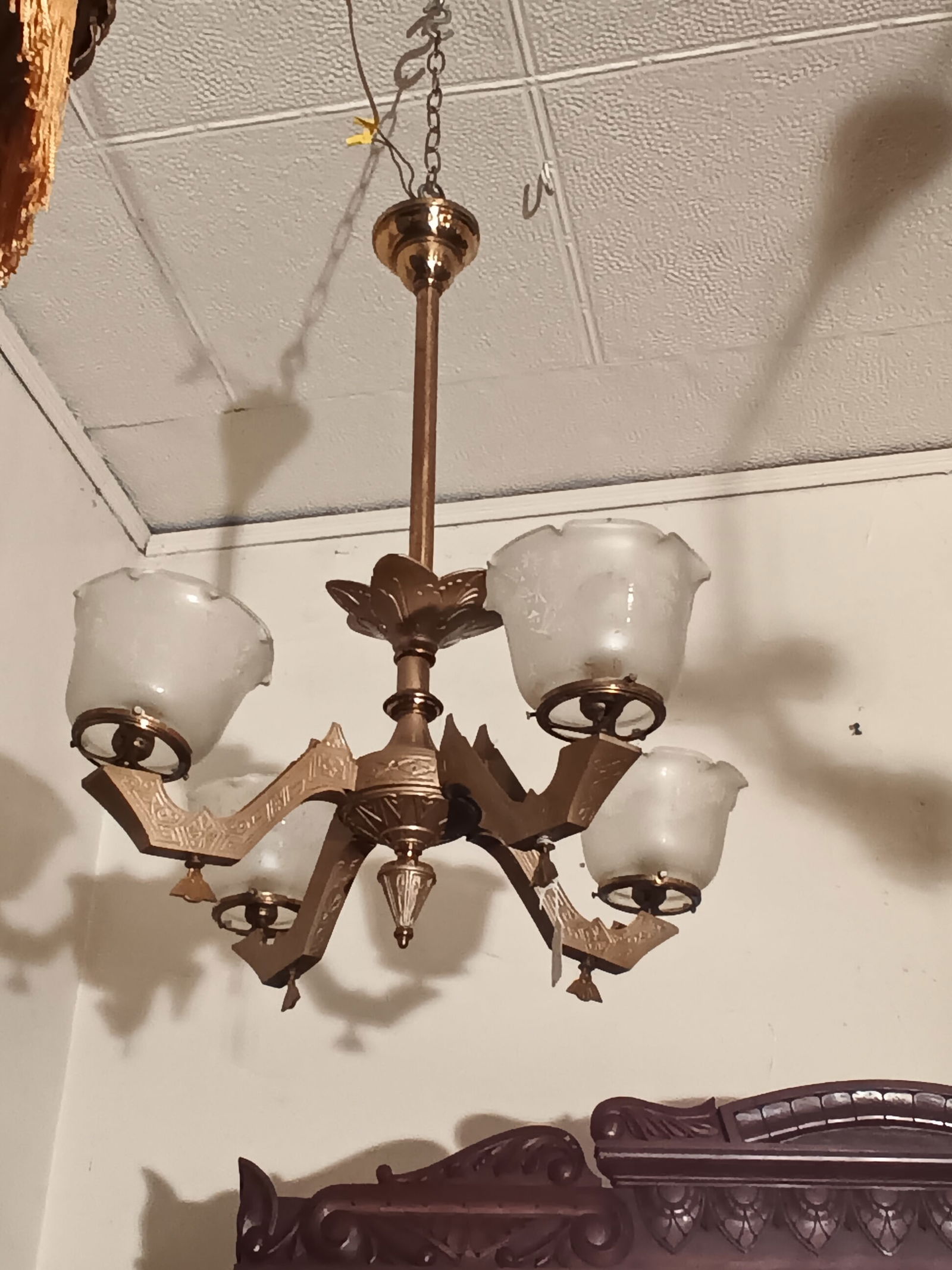 Antique Victorian 4 arm gas chandelier with acid etched shades - electrified (1 of 3)