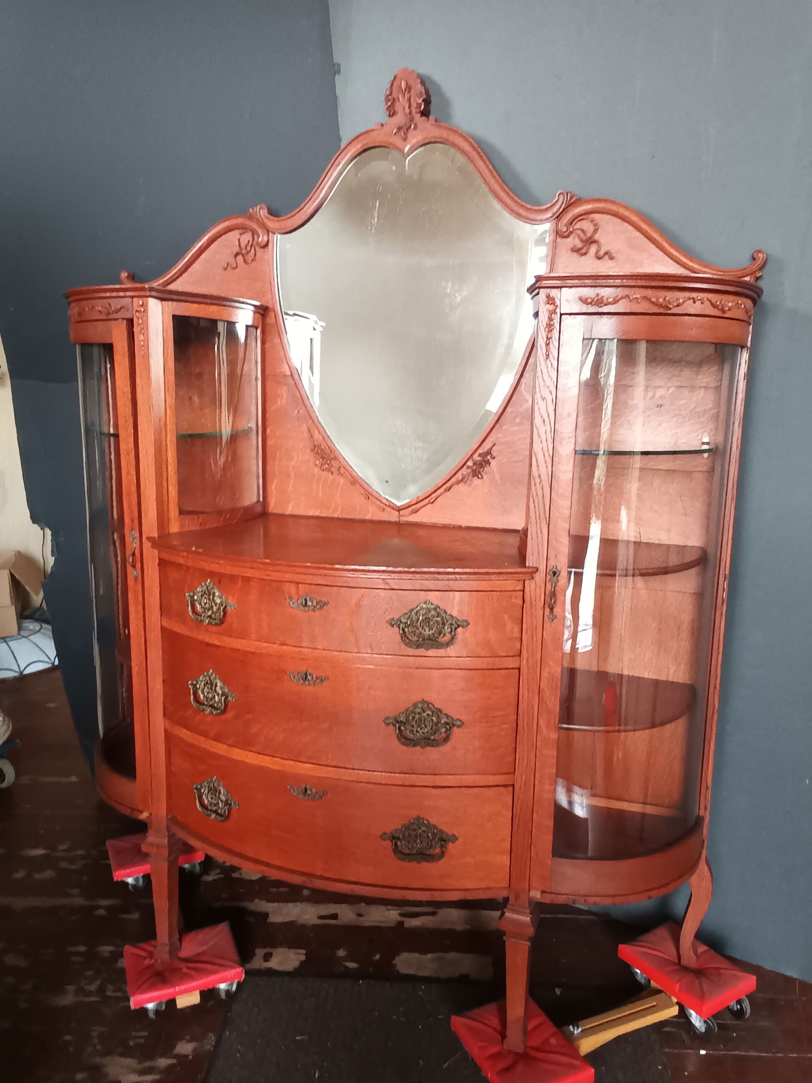 Victorian Olbrich & Goldbeck carved oak side by side china / server w/ 3 drawers, shield mirror (1 of 20)
