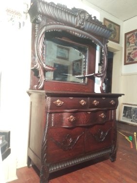 Antique carved Oak ? sideboard/ server with lady bust, lion heads & beveled mirror (1 of 8)