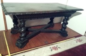Antique large carved oak barley twist table / partners desk w/ hidden drawers (1 of 17)