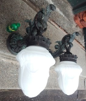 Outstanding antique exterior cast bronze acanthus leaf pair of sconces w/ rare shades: Outstanding antique exterior cast bronze acanthus leaf pair of wall sconces w/ rare shades and wonderful green patina. I took these directly off the exterior wall of a mansion located in the New Haven