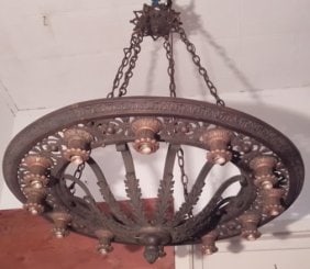 Heavy cast bronze pierced acanthus leaf ring light theater chandelier 12 bulb industrial 37" Dia.: Heavy cast bronze pierced acanthus leaf ring light theater chandelier 12 bulb industrial size.This awesome chandelier, the detail of the casting is absolutely marvelous with pierced cast bronze ring w