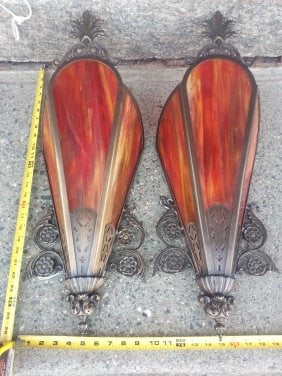 #1 of 2 Pair, large stained glass theater sconces antique bronze finish acanthus leaf floral (1 of 7)