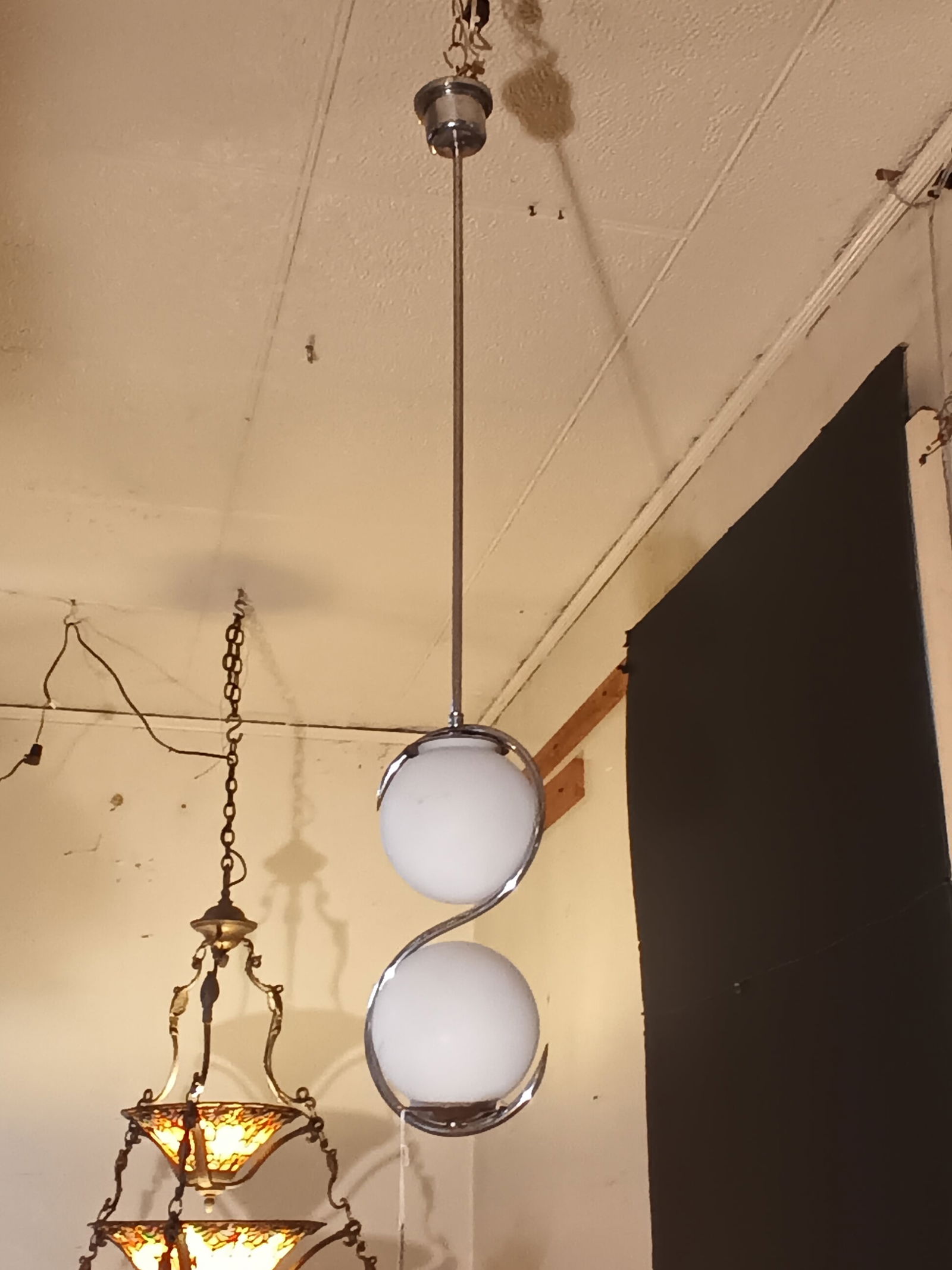 Long Mid-century modern space age chrome pendulum light with two ball shades 43" x 7" wide (1 of 4)