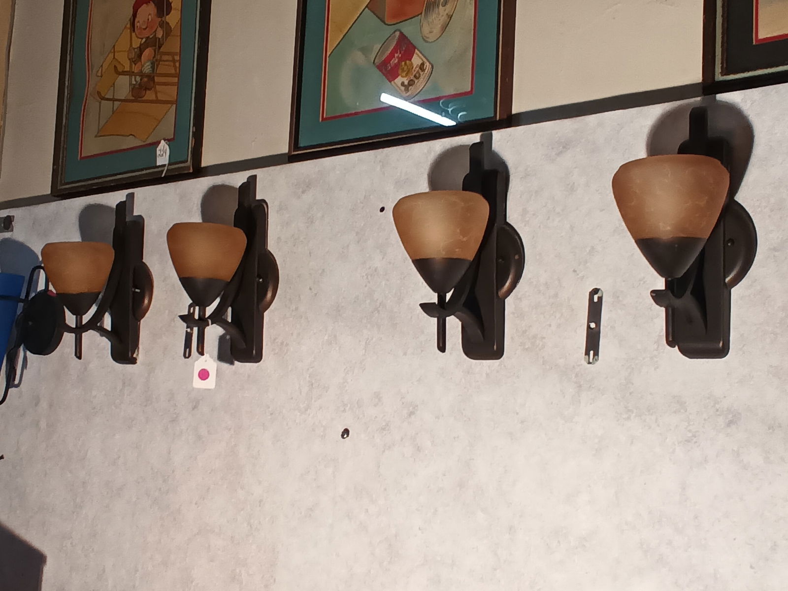 4 mid-century modern art deco wall sconces, amber glass w/ antique bronze finish ea. 12" L (1 of 8)