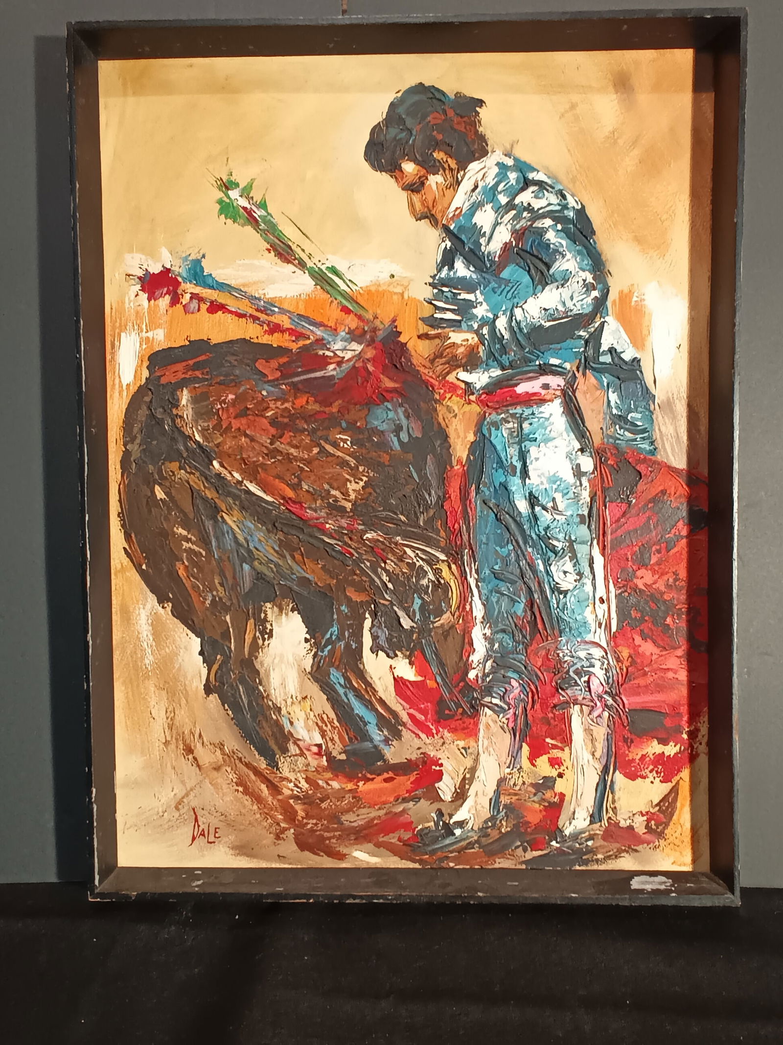 Mid-century modern palette knife oil on board of bull and Matador bullfighter signed Dale (1 of 5)