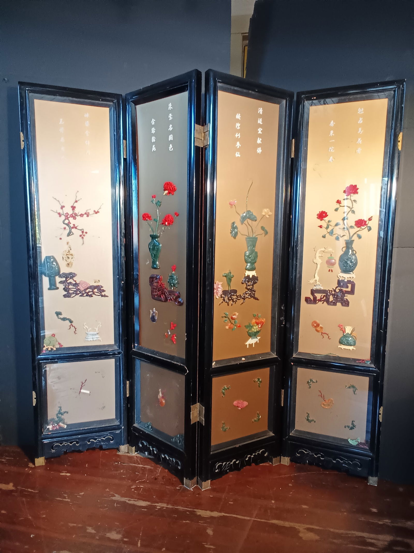 Large vintage Double sided oriental dressing screen hand painted & floral, dragon & Budda 72" tall (1 of 20)