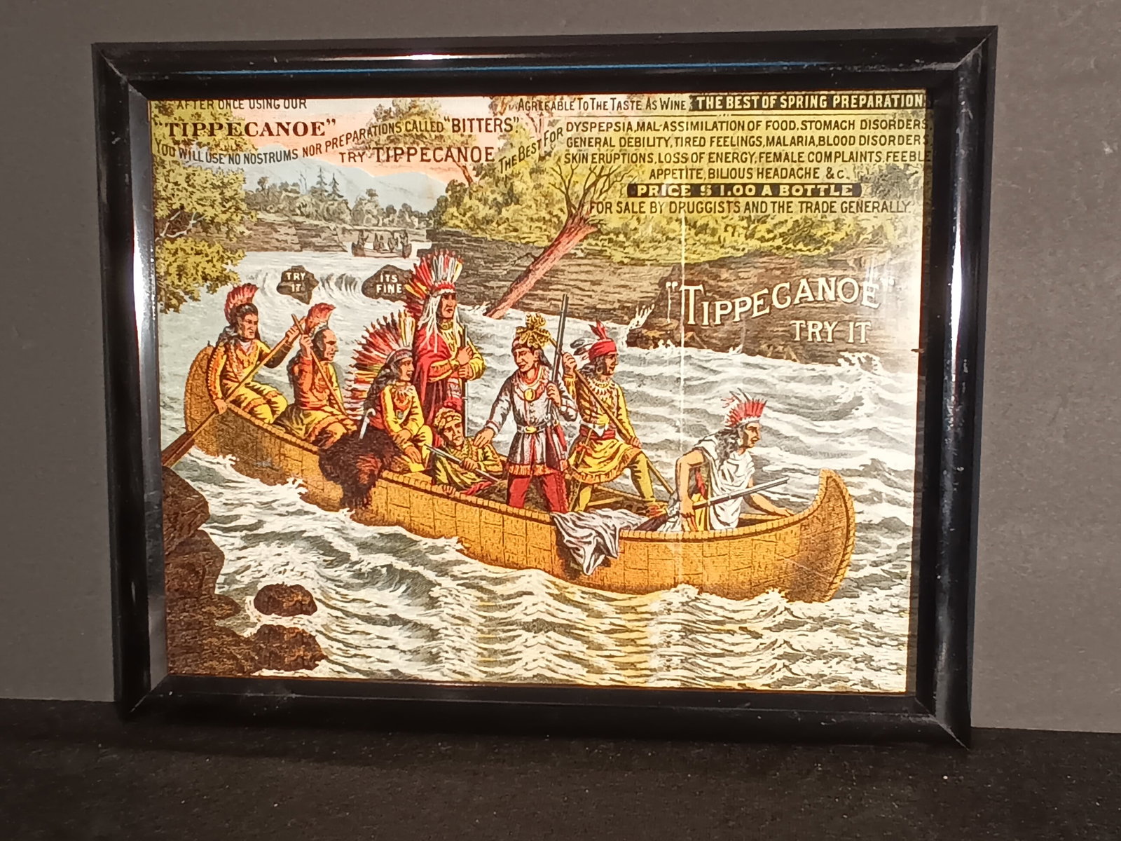 Indians in a canoe with chief Tippecanoe Advertisement in new frame 12" x 15": Indians in a canoe with chief Tippecanoe Advertisement in new frame. 12" x 15". Please help me get to 500 followers so I may be able to send out prior notifications about upcoming auctions. Per Liveau