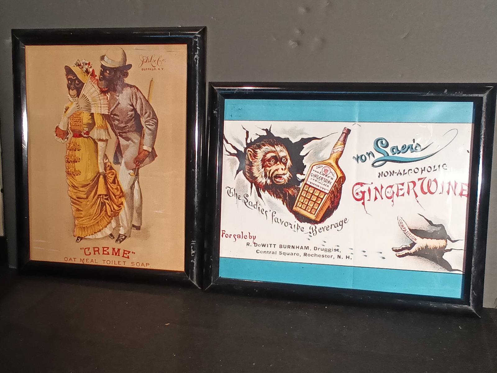 2 Advertisements with monkeys, Cream & Ginger wine in new frames each 12" x 15": 2 Advertisements with monkeys, Cream & Ginger wine in new frames each 12" x 15". Please help me get to 500 followers so I may be able to send out prior notifications about upcoming auctions. Per Livea