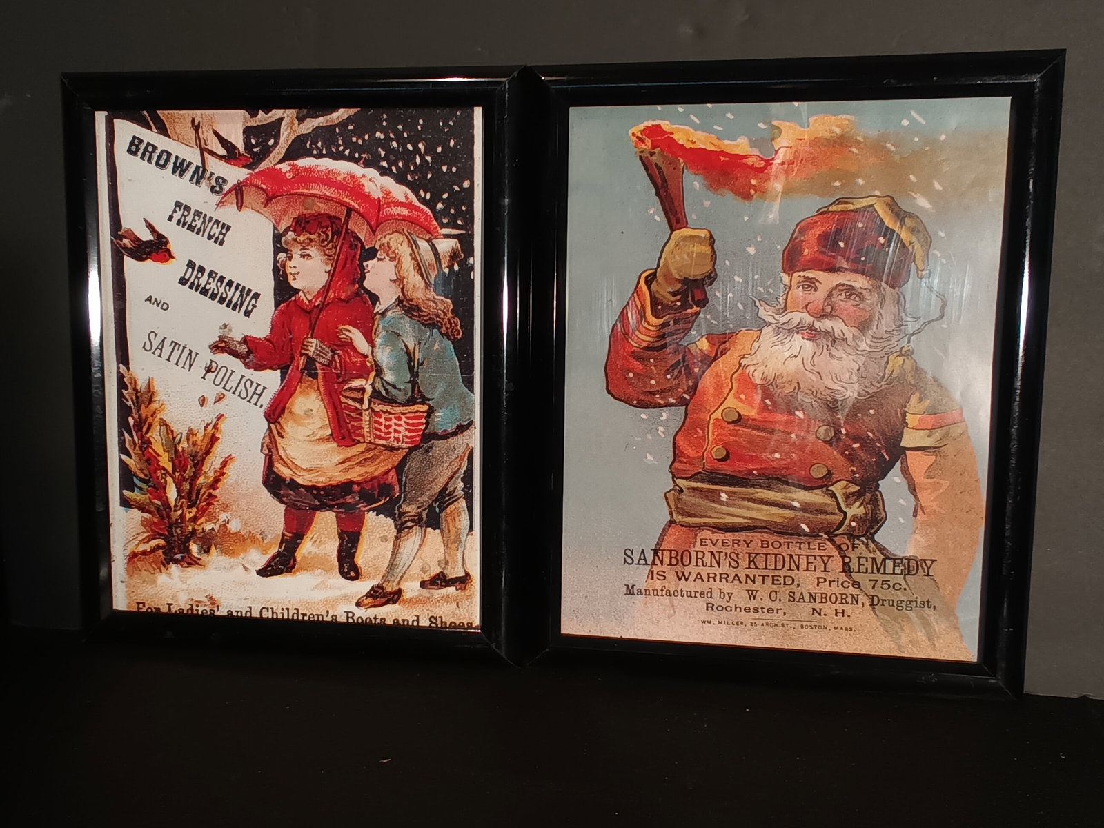 2 Advertisements winter scenes, boot polish & kidney remedy in new frames each 12" x 15": 2 Advertisements winter scenes, boot polish & kidney remedy in new frames each 12" x 15". Please help me get to 500 followers so I may be able to send out prior notifications about upcoming auctions. 