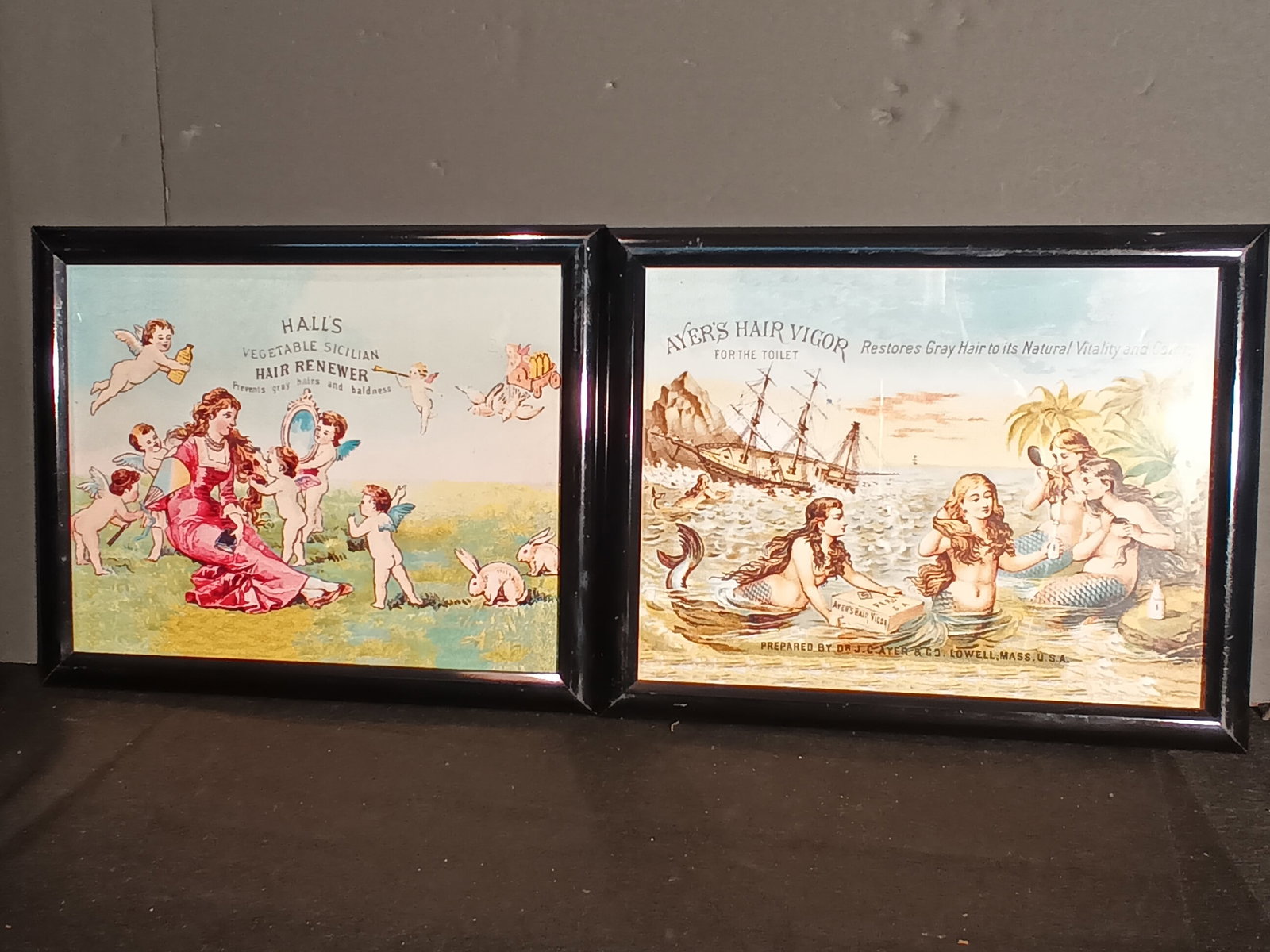 2 Advertisements for Hair, Mermaids and Cupids in new frames each 12" x 15": 2 Advertisements for Hair, Mermaids and Cupids in new frames each 12" x 15". Please help me get to 500 followers so I may be able to send out prior notifications about upcoming auctions. Per Liveaucti