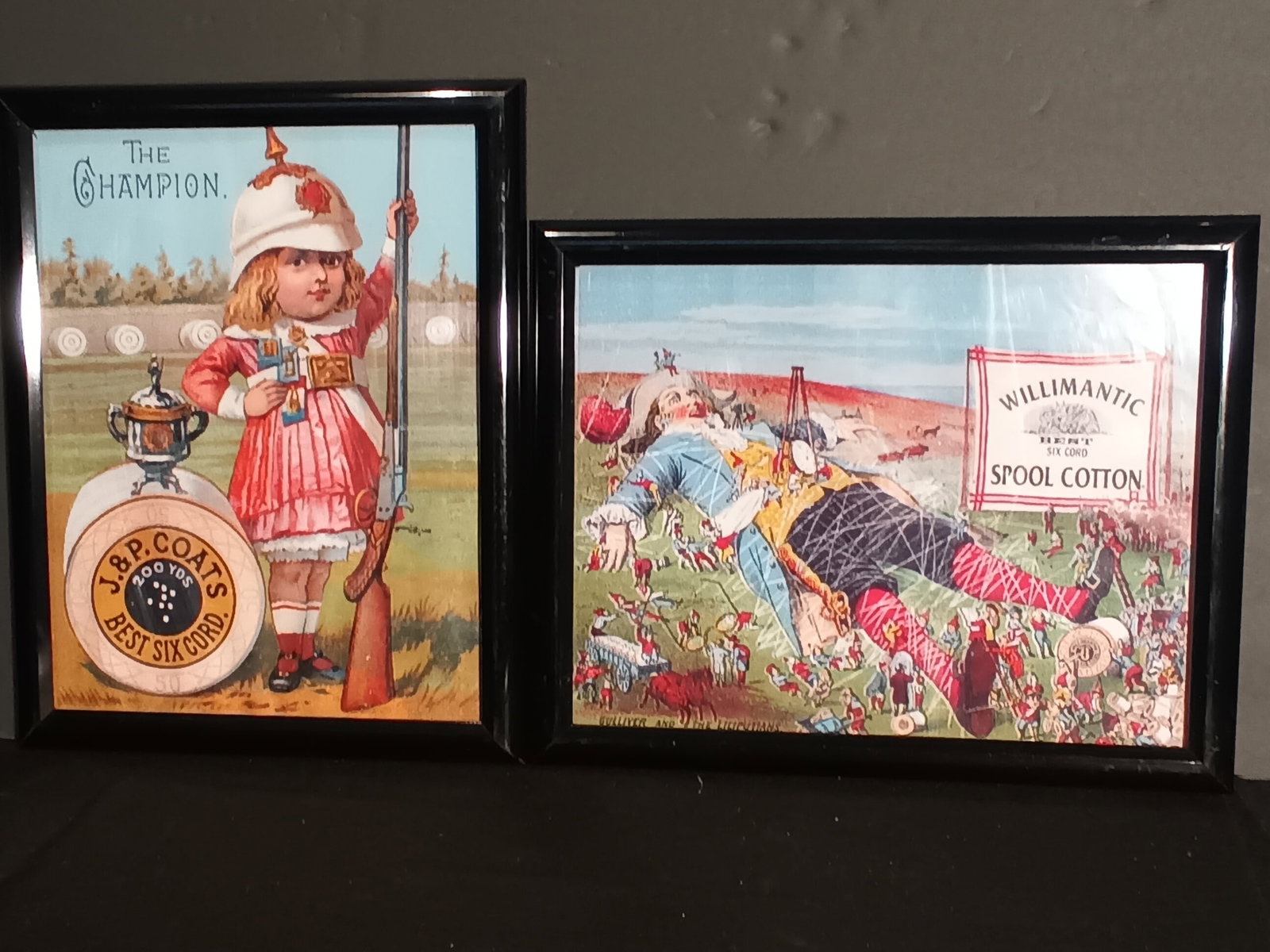 2 Advertisements for Thread spools, Gulliver & Child w/ gun in new frames each 12" x 15": 2 Advertisements for Thread spools, Gulliver & Child w/ gun in new frames each 12" x 15". Please help me get to 500 followers so I may be able to send out prior notifications about upcoming auctions. 