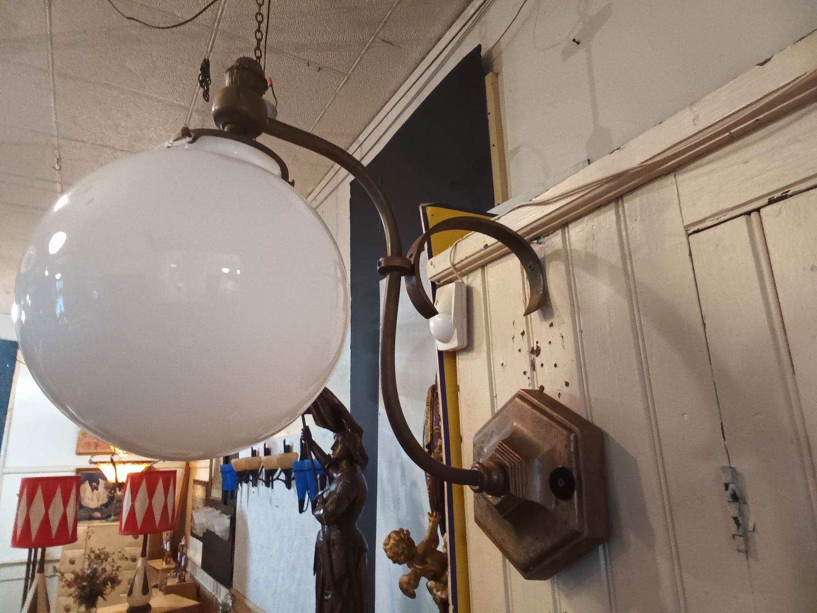 Vintage single large cast bronze wall sconce with ball shade (1 of 5)