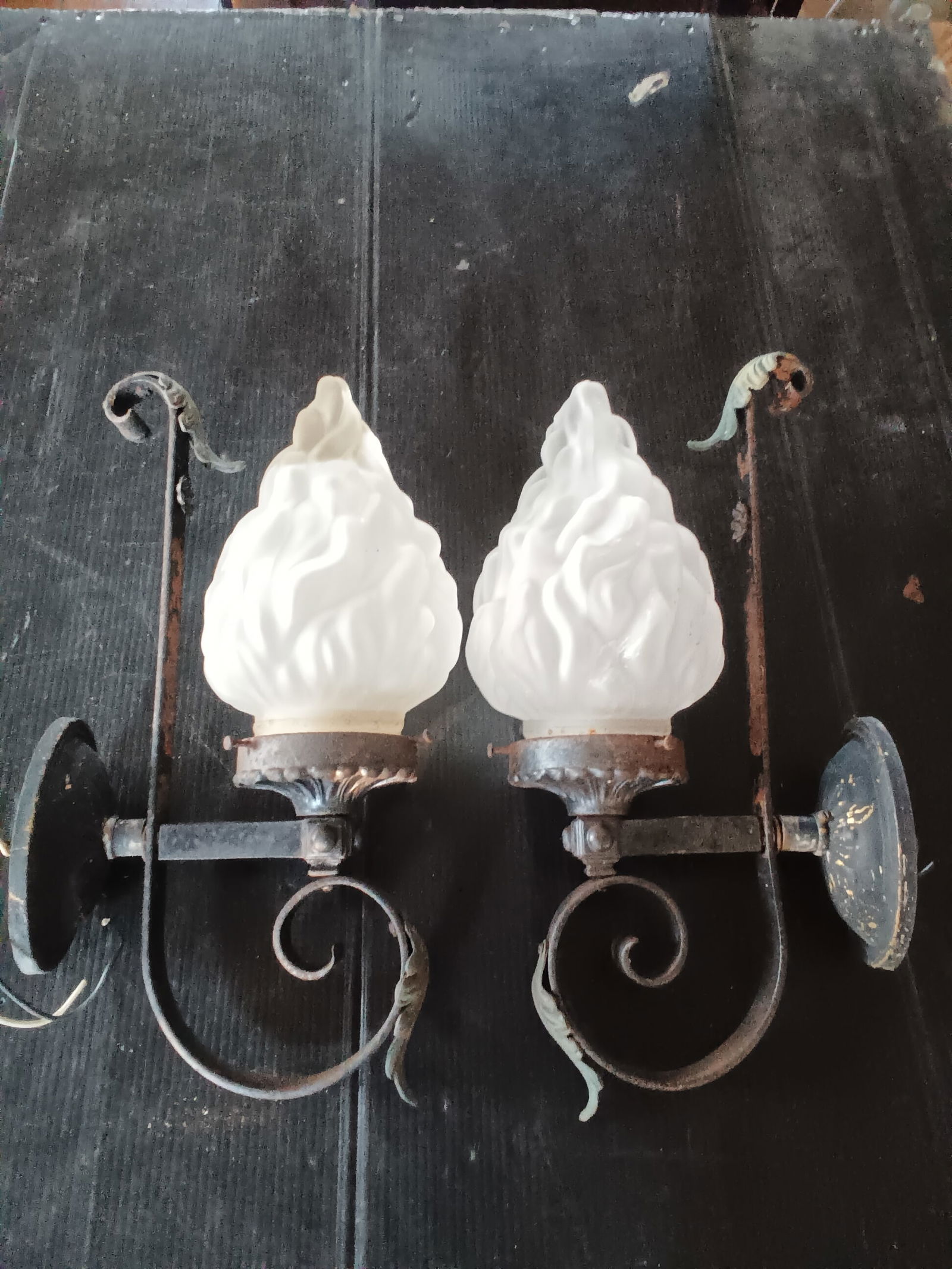 Pair Antique cast & wrought Iron wall sconces Bronze acanthus leaves & large torch flame shades (1 of 9)