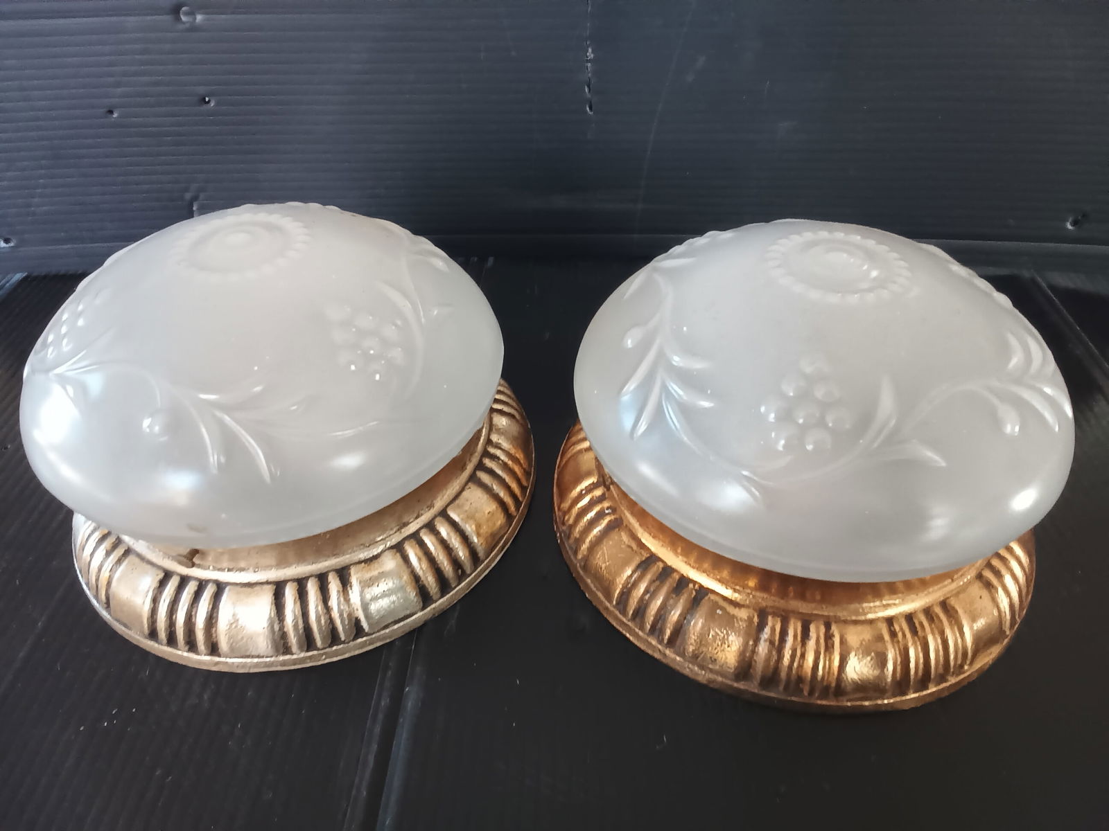 2 Heavy cast bronze Ceiling Mount light fixtures with extra shades, one is silver, one gold (1 of 7)