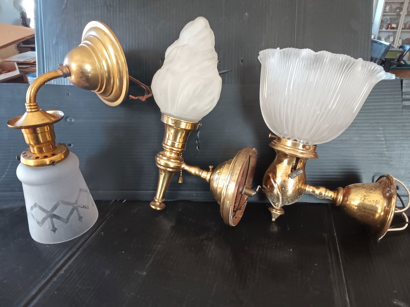 3 antique single arm wall sconces, cut arrow, torch & Holophane shades, 1 is Bradley & Hubbard (1 of 5)