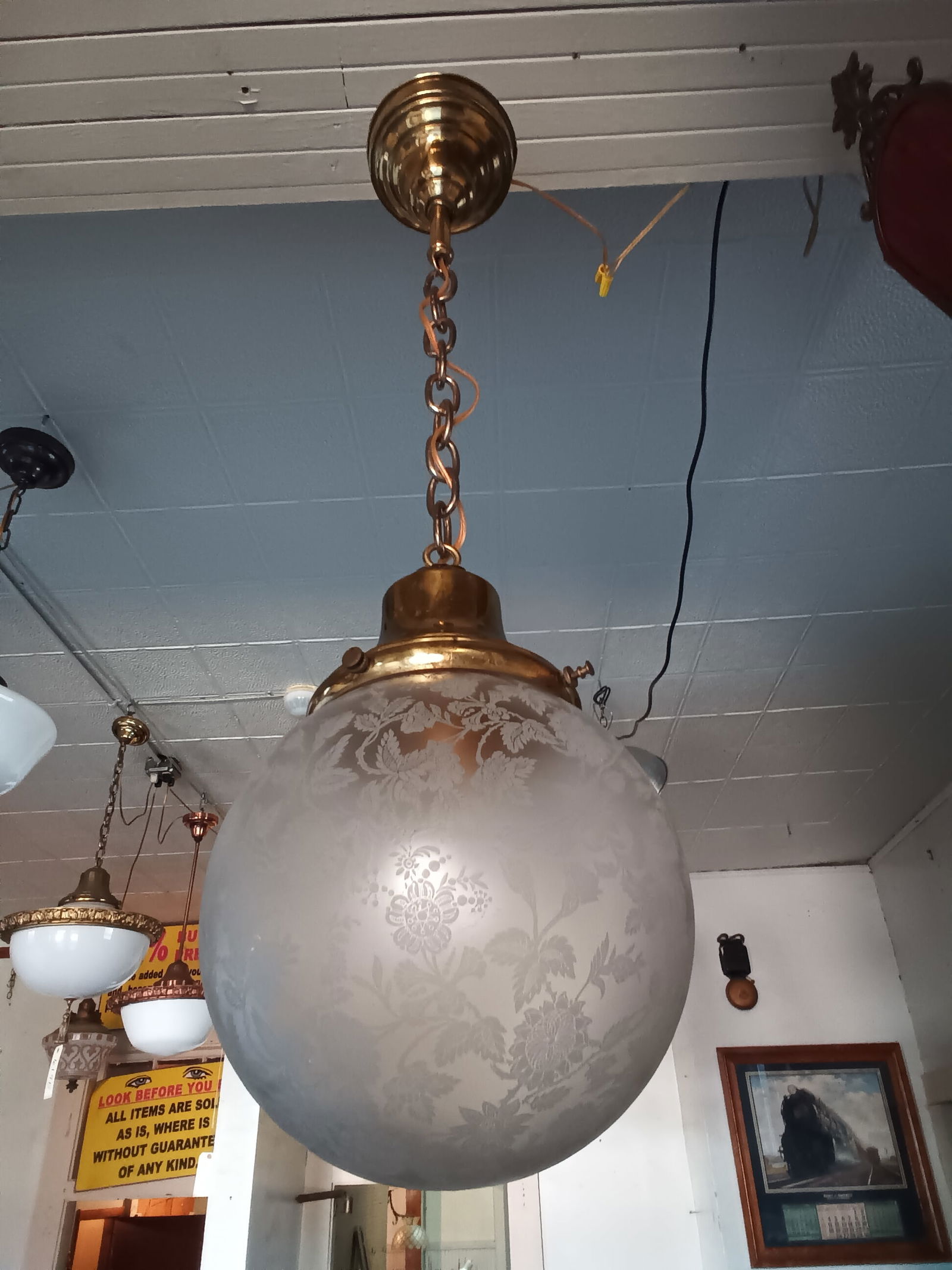 Great rare large double etched antique pendulum / pendant light, floral w/ leaves 10" ball shade (1 of 11)