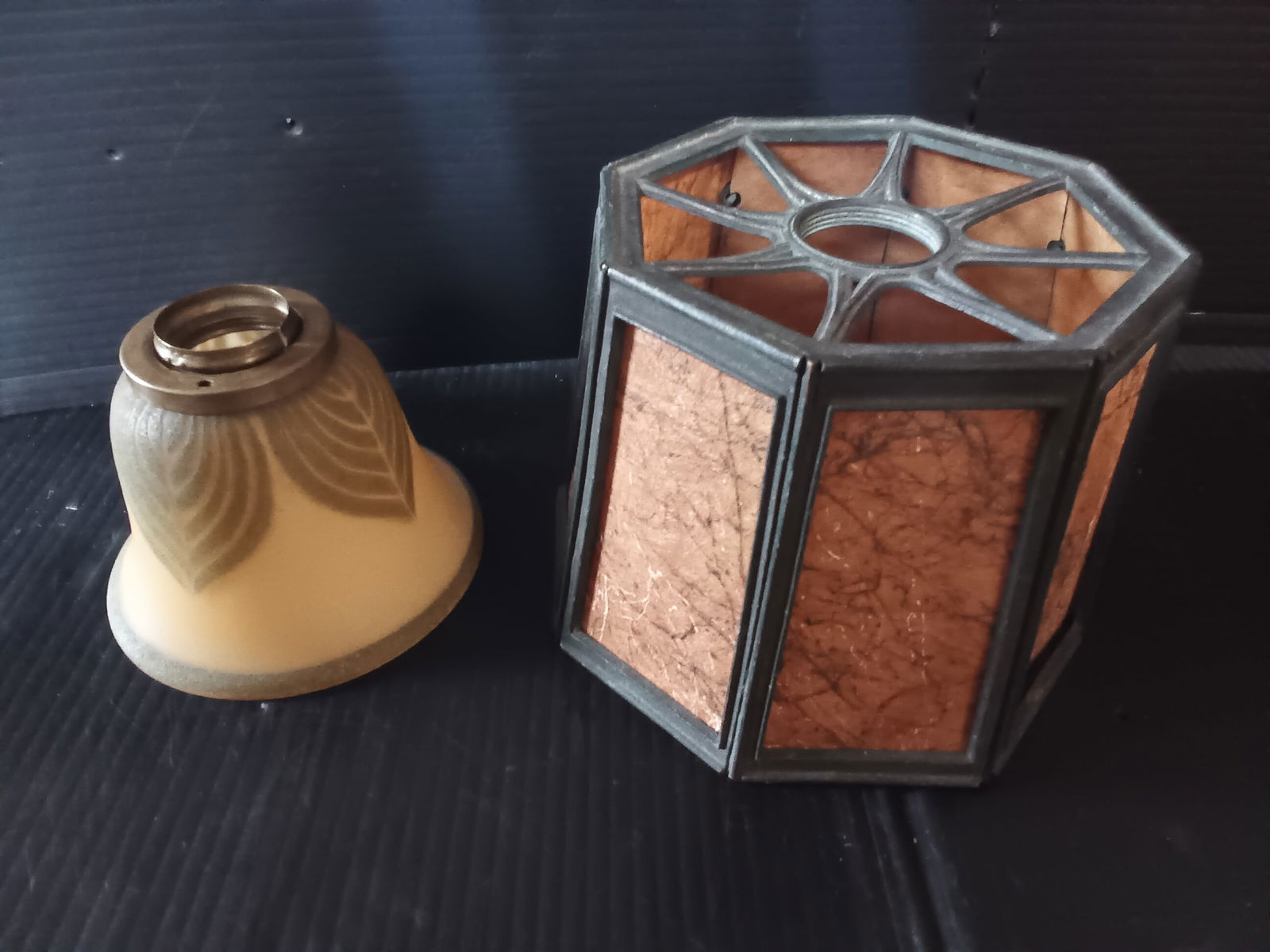 2 antique early electric table or floor lamp shades, 1 pulled feather Hubbell, 1 Mica style panels (1 of 12)