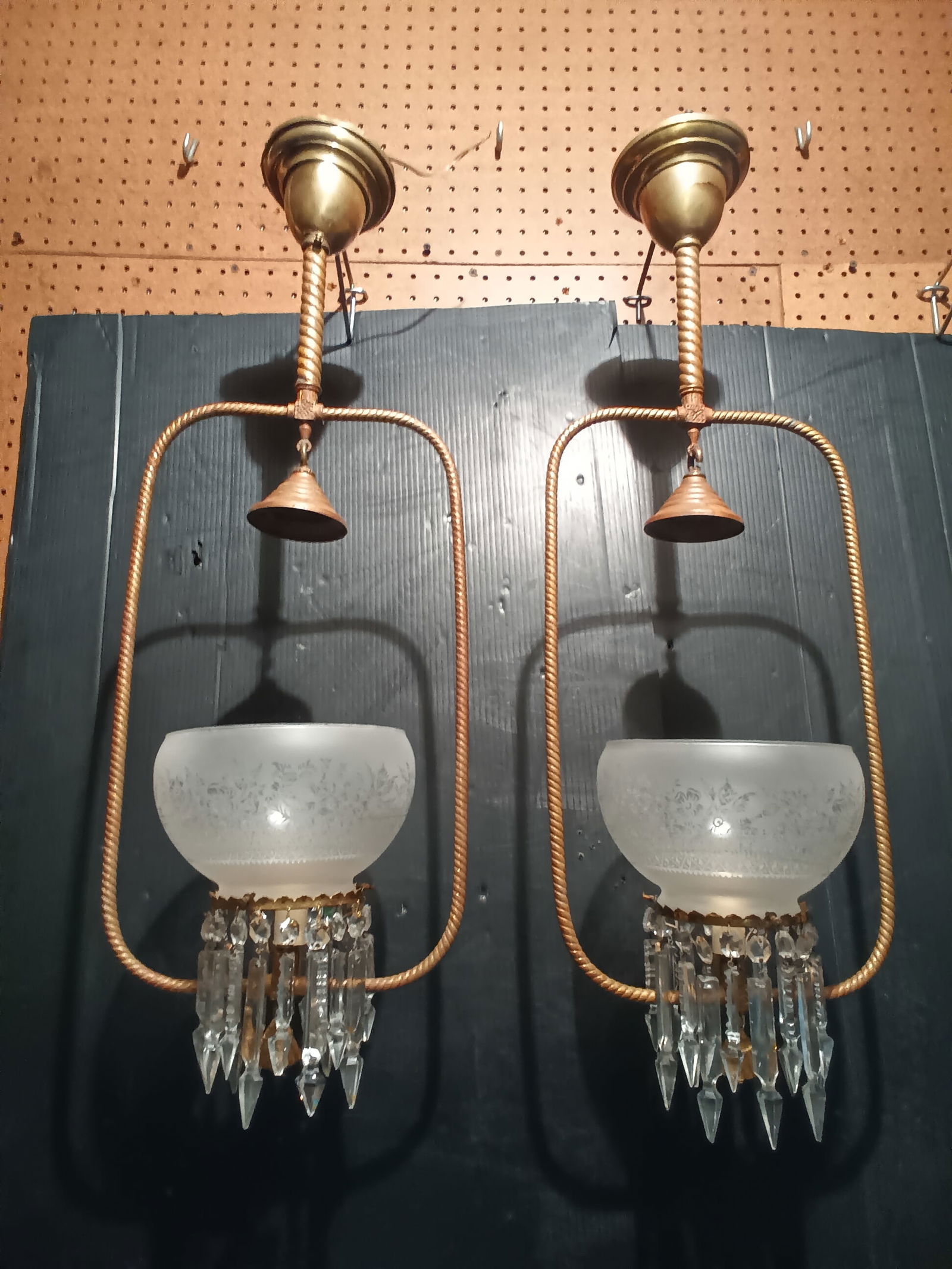 2 Victorian Gas Hall Hoops, twisted rope Bronze, Etched shades, Cut Crystal & smoke bell (1 of 8)