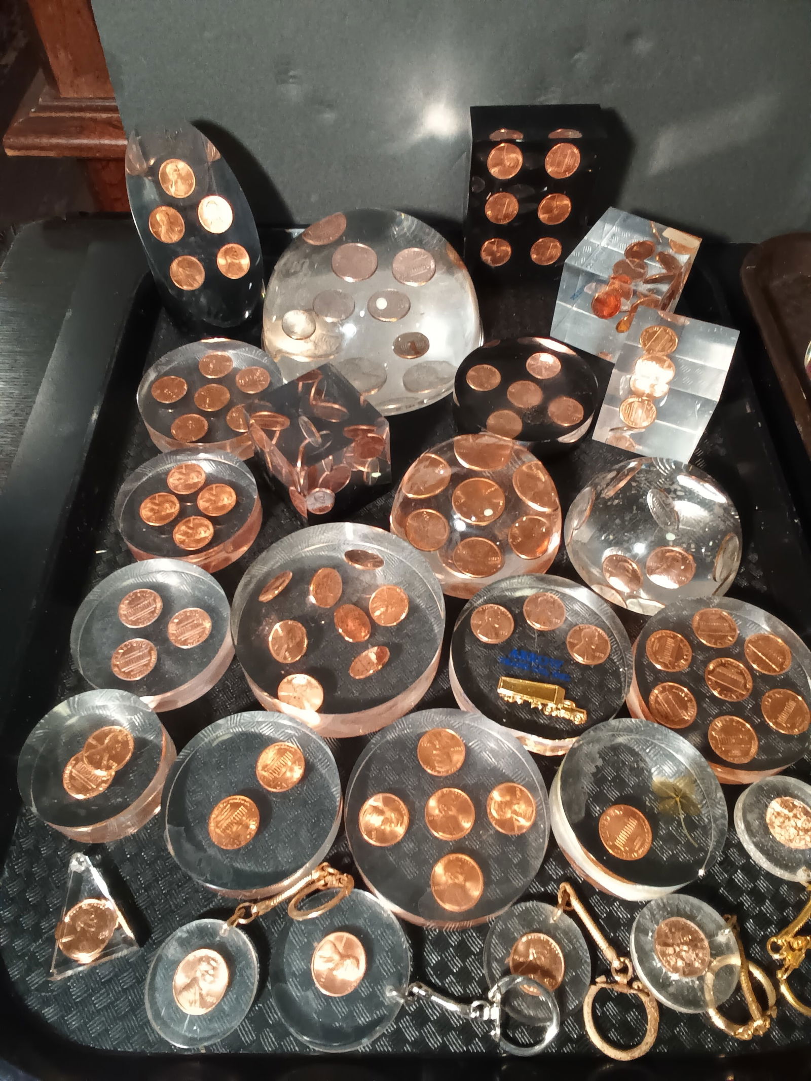 Mid Century Modern Lucite Paperweights 25 different with pennies (1 of 2)