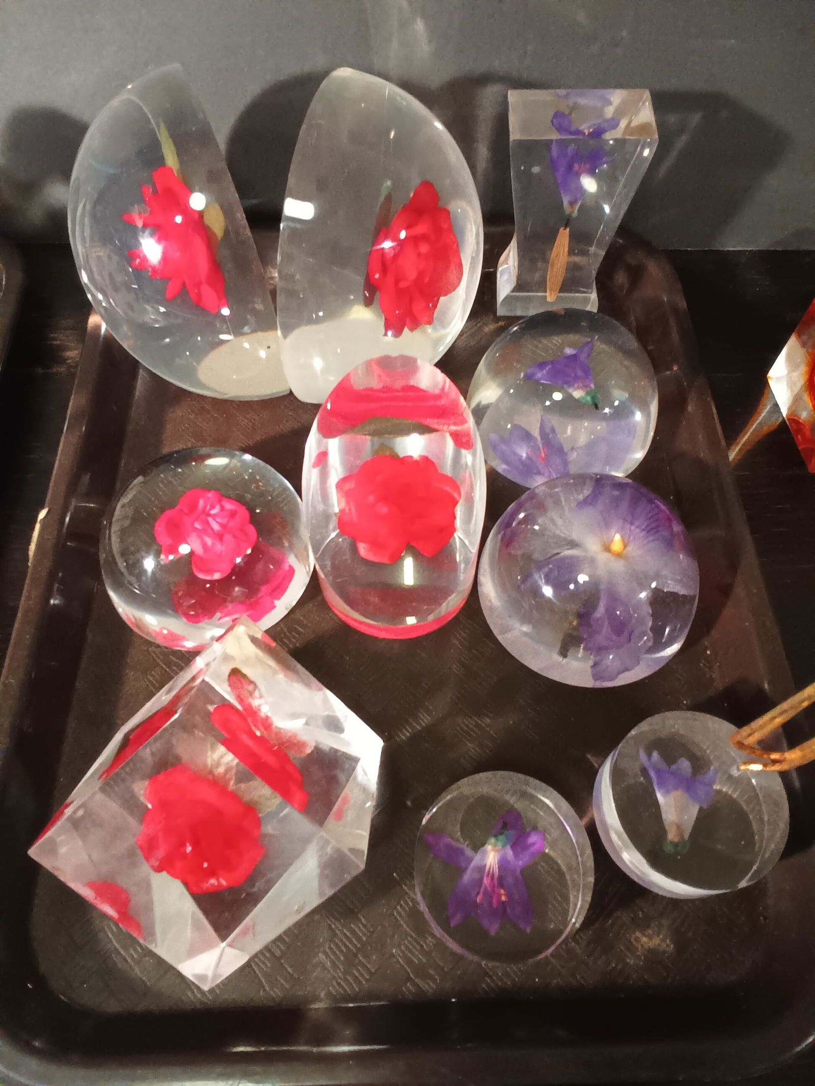 MCM Lucite Paperweights 10 different - 5 Purple flowers, 5 red Roses including bookends (1 of 2)