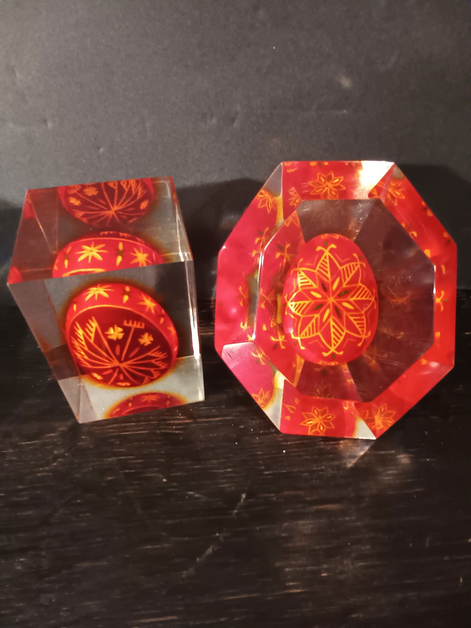 Mid Century Modern Lucite Paperweights - 2 with beautiful Easter eggs, red / orange (1 of 2)