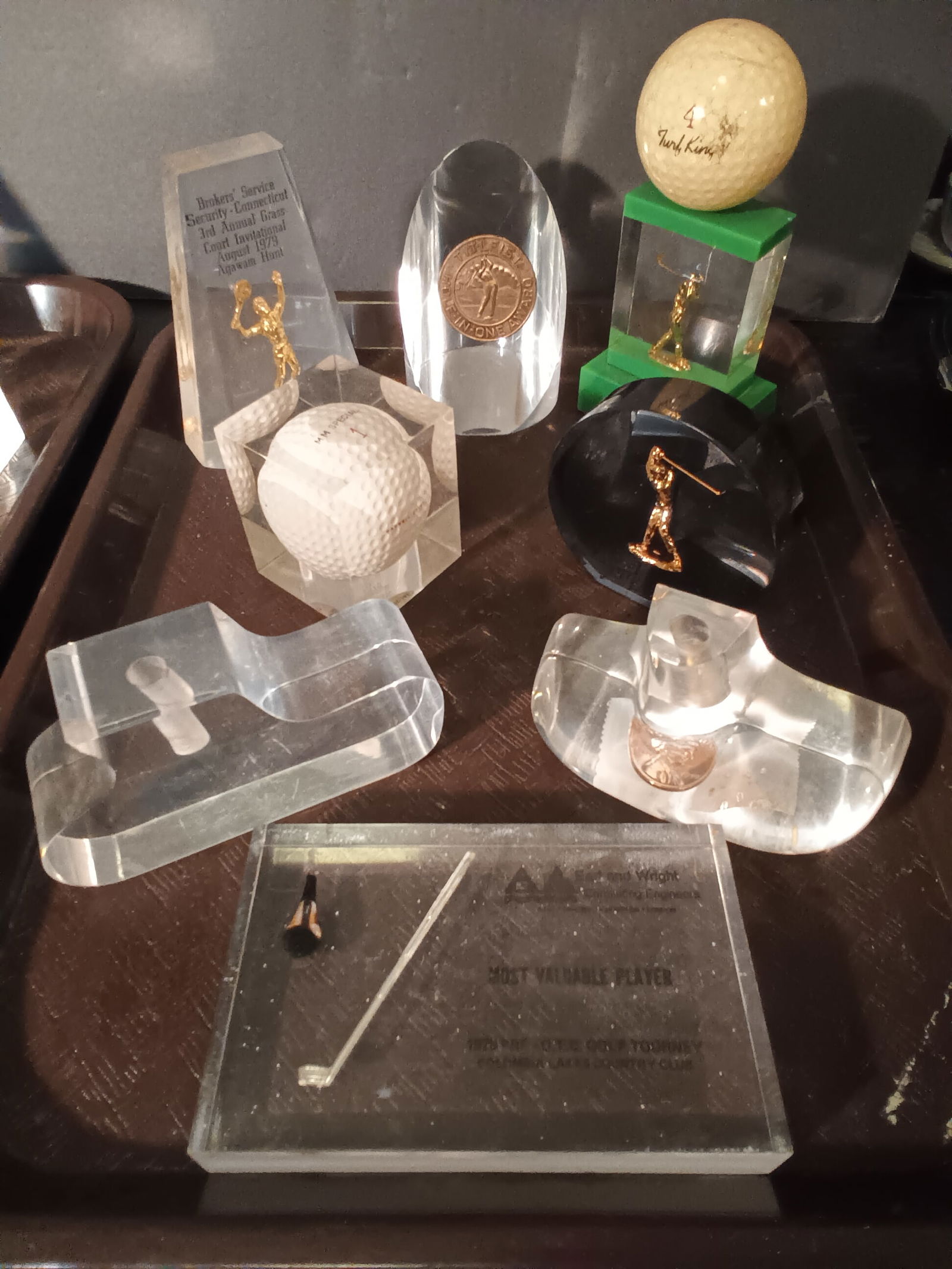 Mid Century Modern Lucite Paperweights - 8 pieces for the Golfer, Balls, clubs & hole in one: Mid Century Modern Lucite Paperweights - 8 pieces for the Golfer, Balls, clubs & hole in one. I am listing these lucite pieces in no particular order as fairly quick listings and just a generic descri