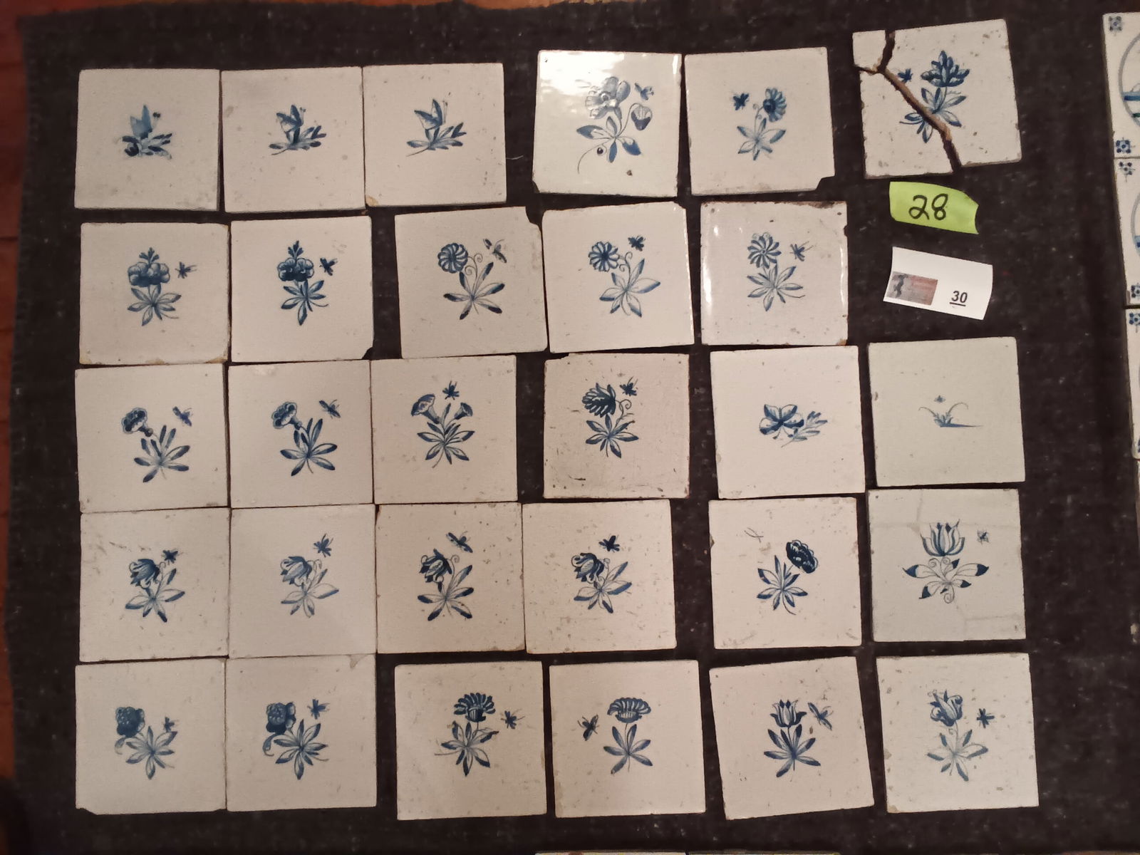 Antique Delft tiles Blue & White Floral with Butterflies, bees, etc., 28 Total, 5" square (1 of 13)