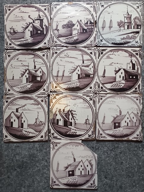 Antique Delft tiles, Double circle scenic landscapes, 10 total, 5 1/8" square. (1 of 8)